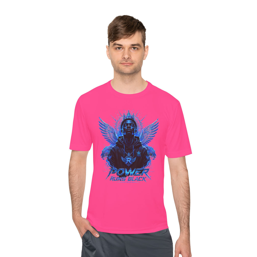 Power Runs Black graphic Tee | Blue angel wings, armored figure, bold script by Power Runs Black