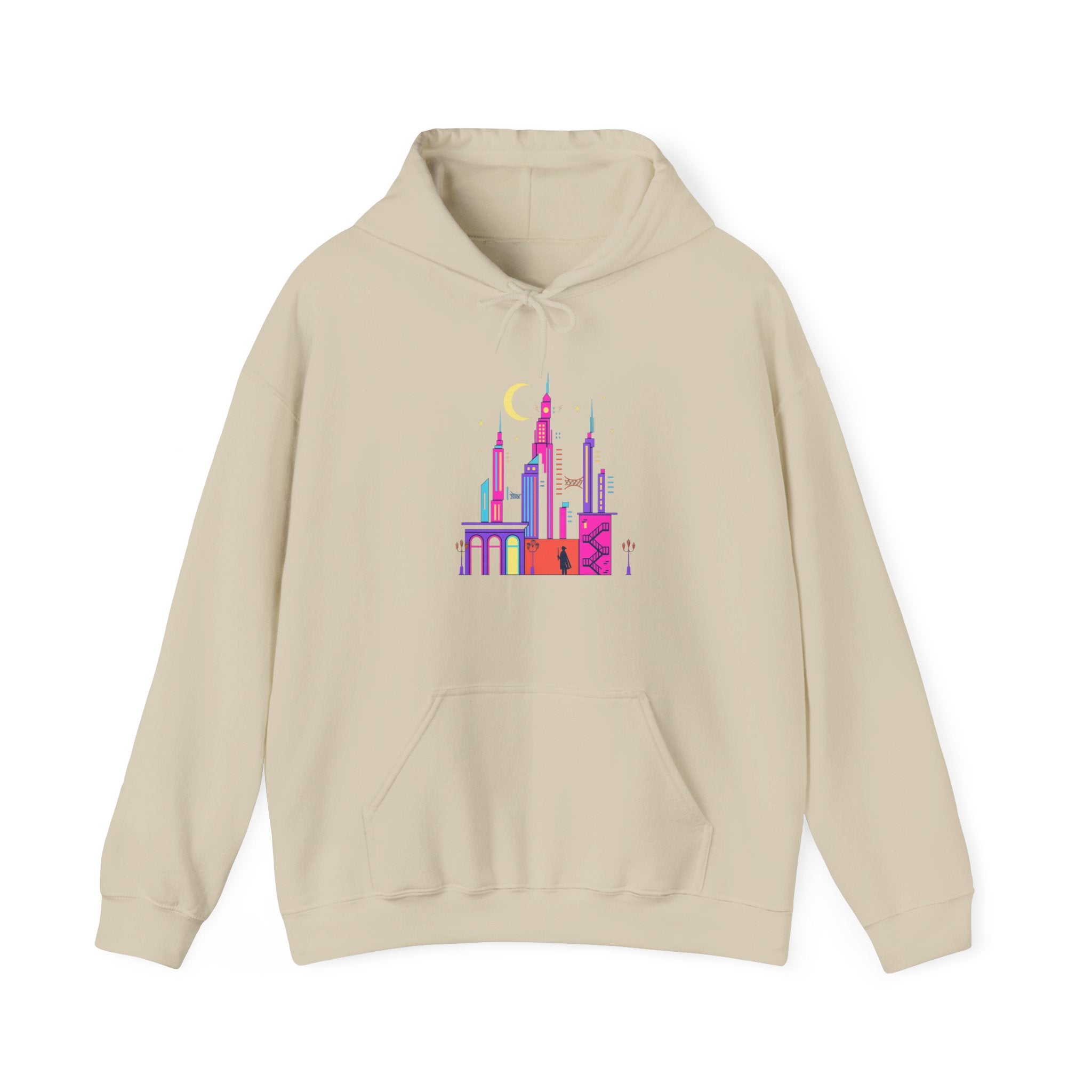 PRB Colorful City Skyline Hoodie – Vibrant Nighttime Urban Graphic by Power Runs Black