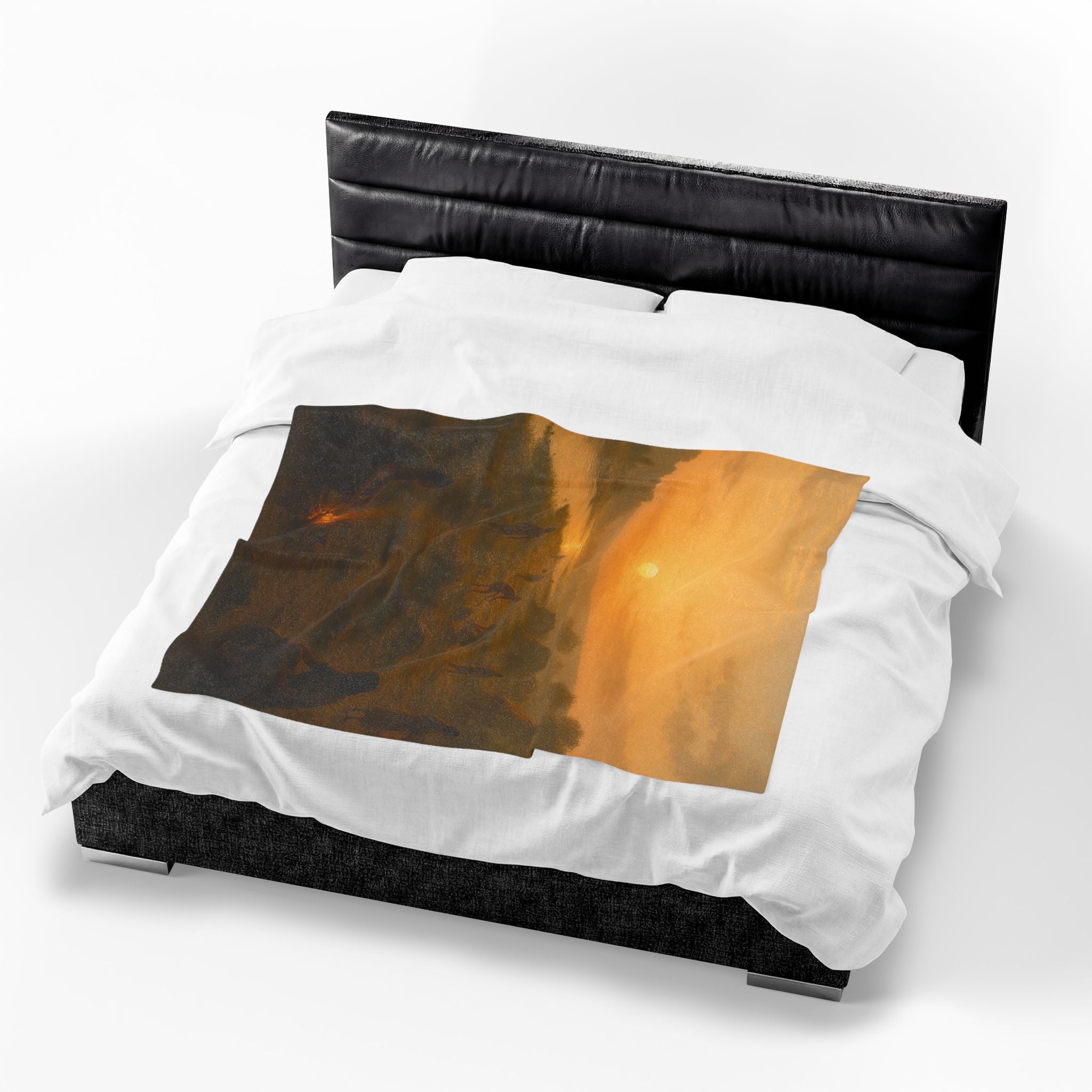 PRB Sunset Campfire Scene Velveteen Plush Blanket | Native Village Landscape by Power Runs Black
