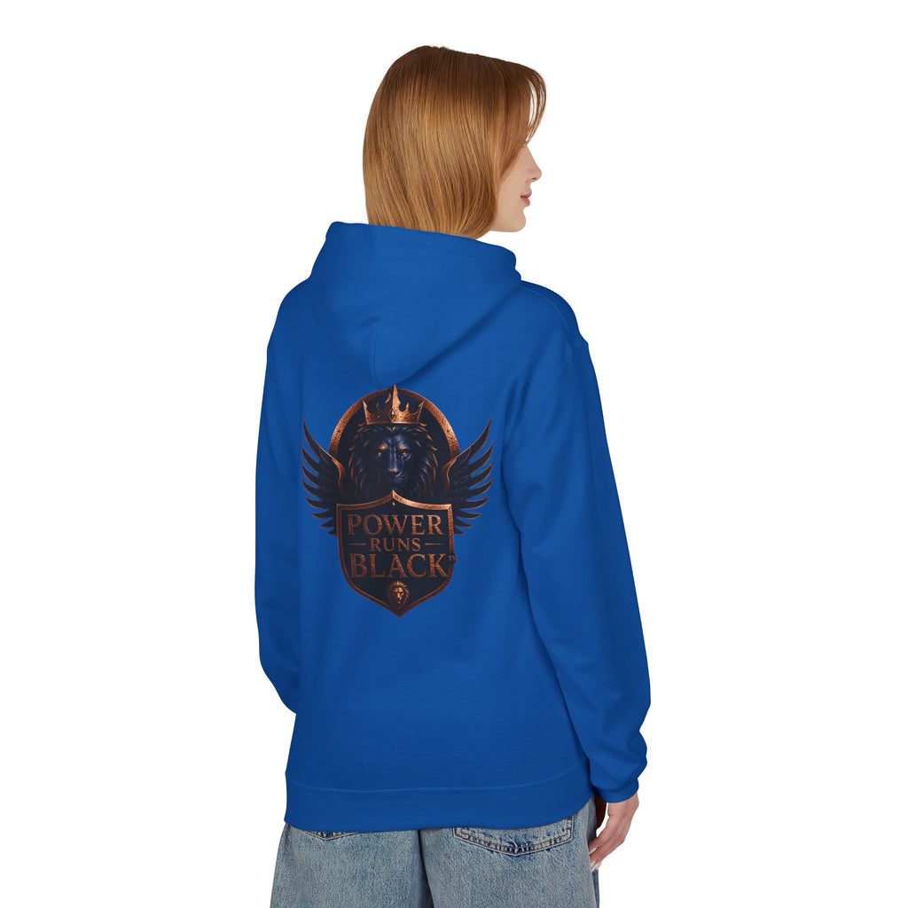 Power Runs Black crest hoodie | medieval shield with lions and wings by Power Runs Black