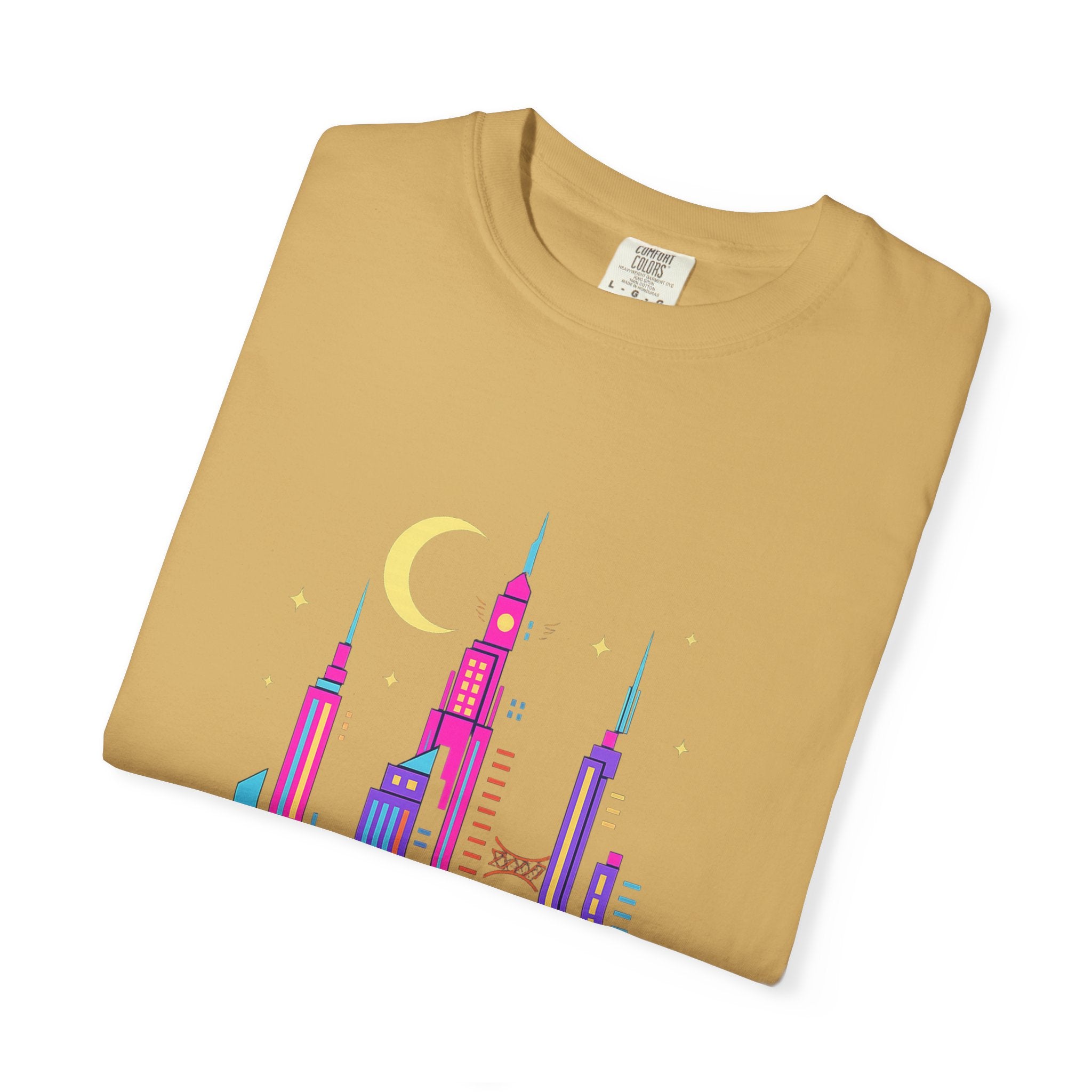 Power Runs Black PRB Neon City Skyline T-shirt | Vibrant Urban Nightscape Tee by Printify