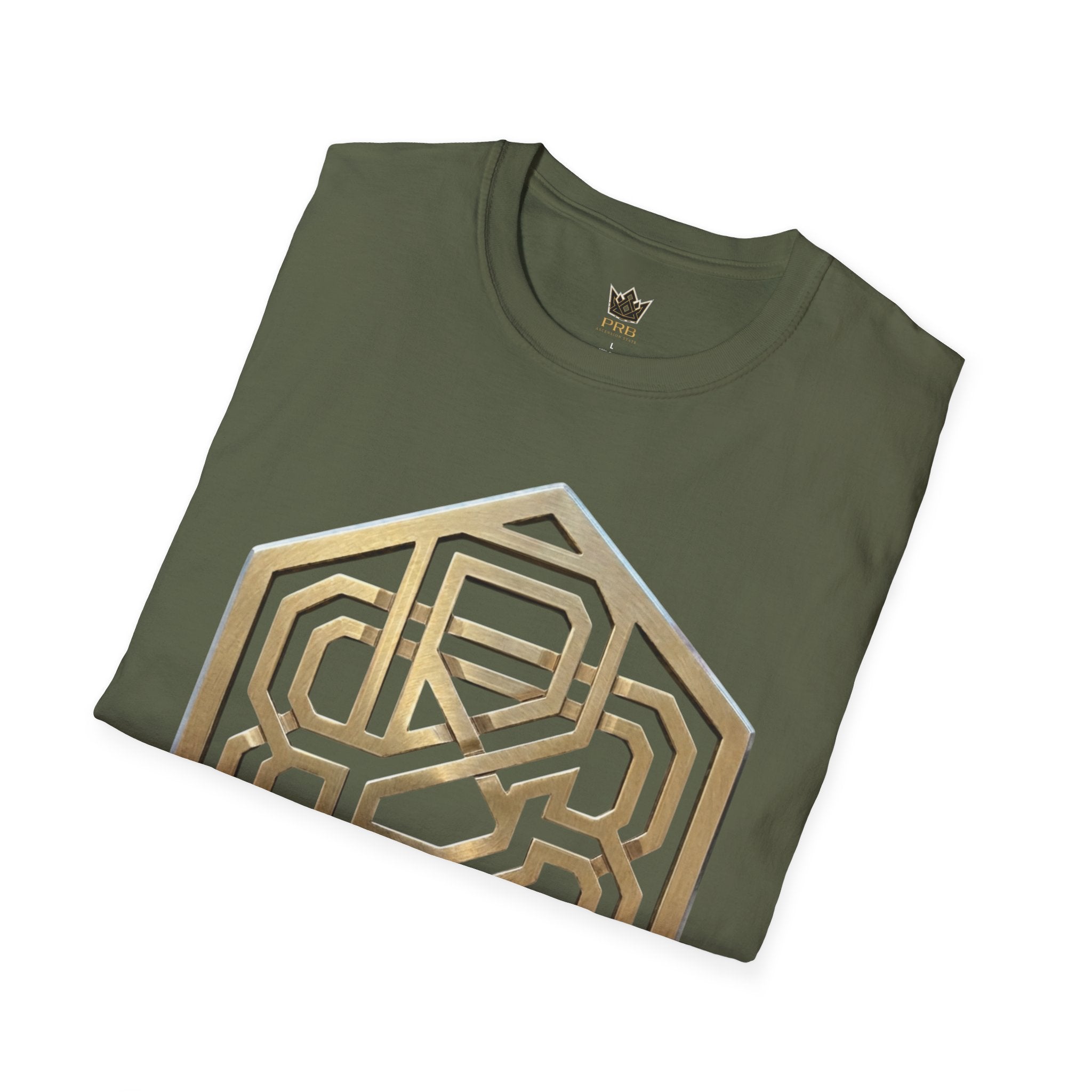 Power Runs Black PRB Geometric Gold Hexagon T-Shirt — Modern Maze Logo Tee by Power Runs Black