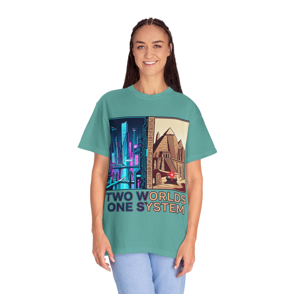 Power Runs Black PRB Blue Technopolis/ Red Dominion Two Worlds One System T-Shirt by Power Runs Black
