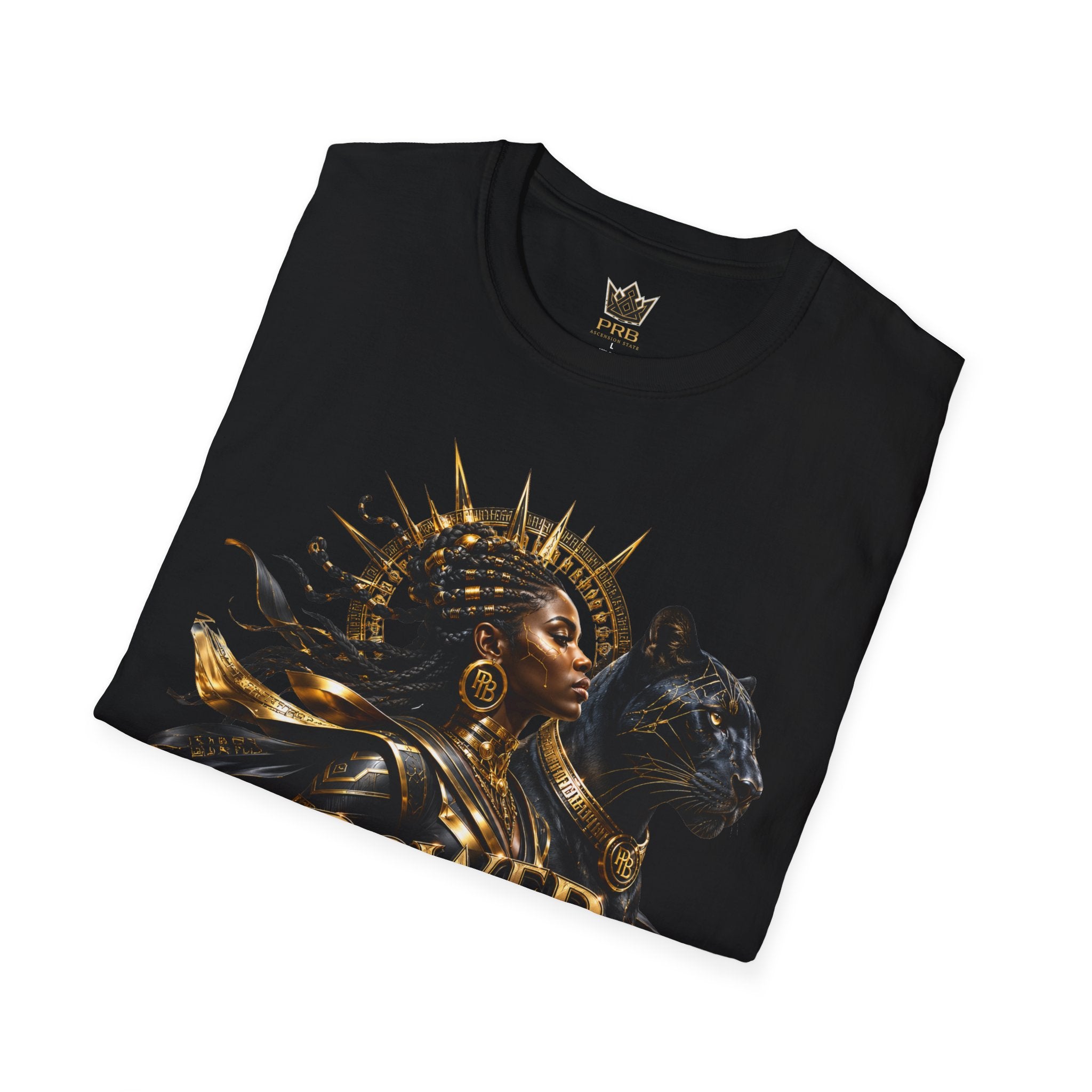 Power Runs Black PRB | Black Woman Portrait, Gold Accents Panther Graphics T by Power Runs Black