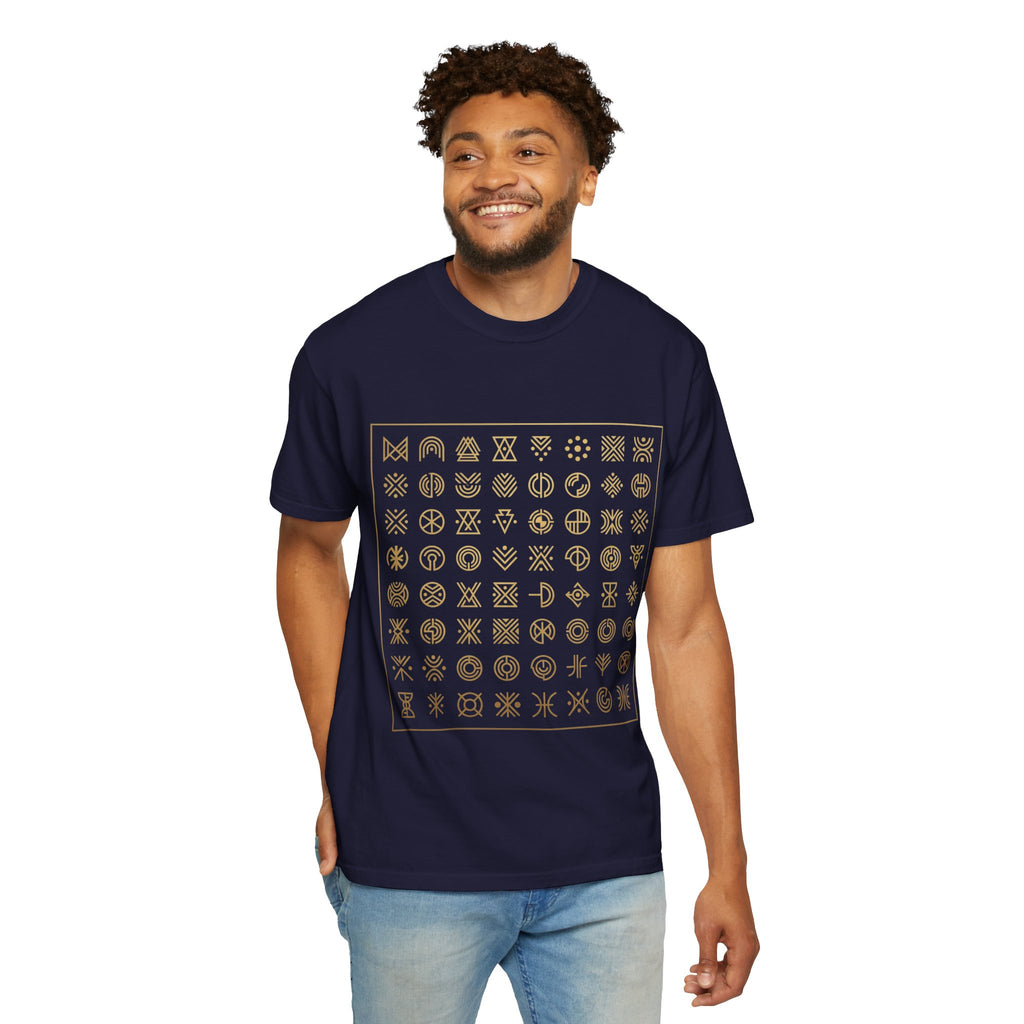 Power Runs Black PRB Symbol Grid T-Shirt — Minimal Gold Icon Graphic Tee by Printify