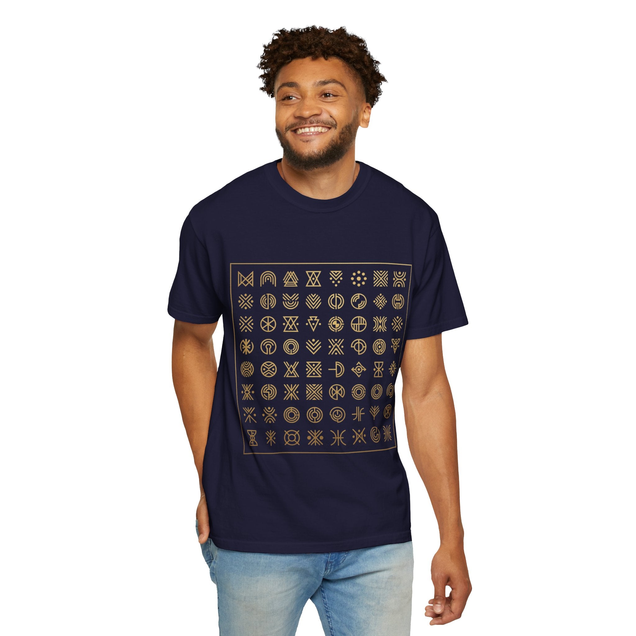 Power Runs Black PRB Symbol Grid T-Shirt — Minimal Gold Icon Graphic Tee by Printify
