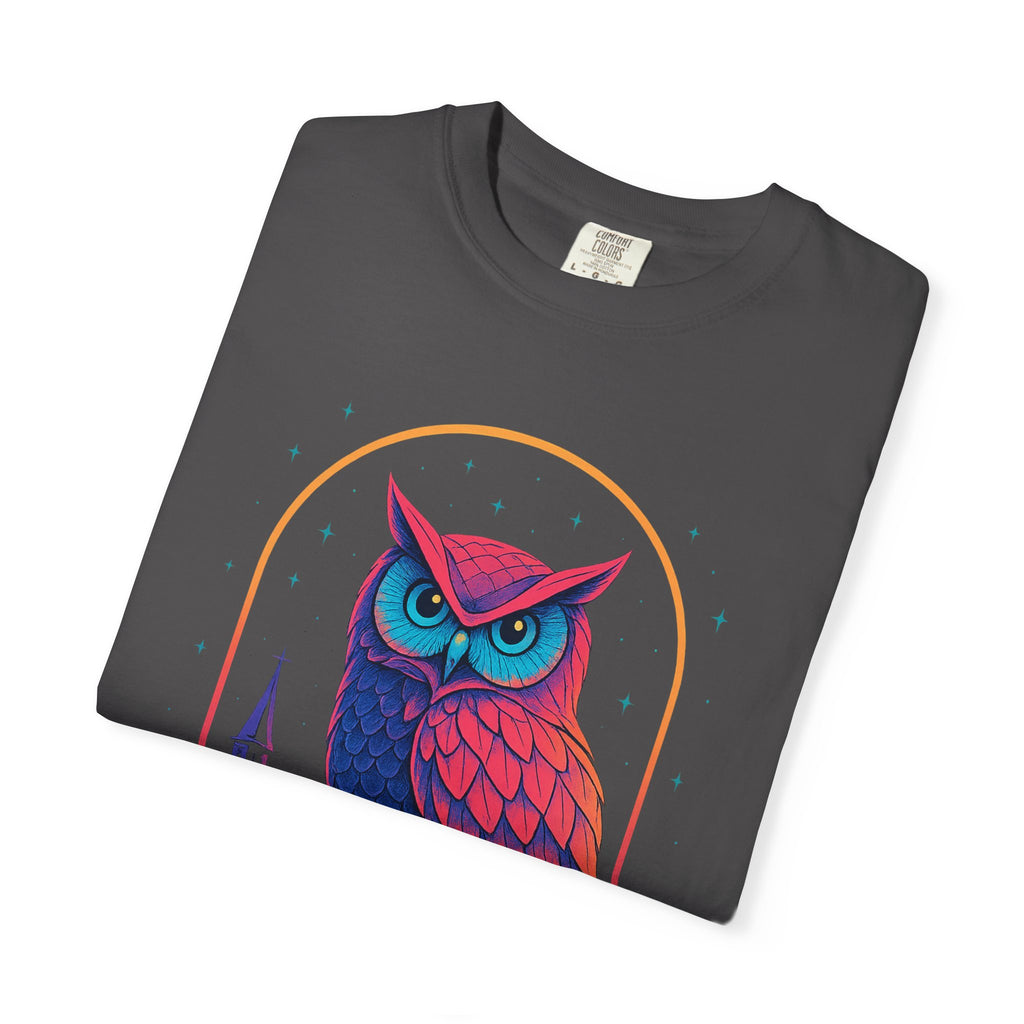 Neon Owl Illustration T-Shirt | Night Church Graphic Tee by Printify