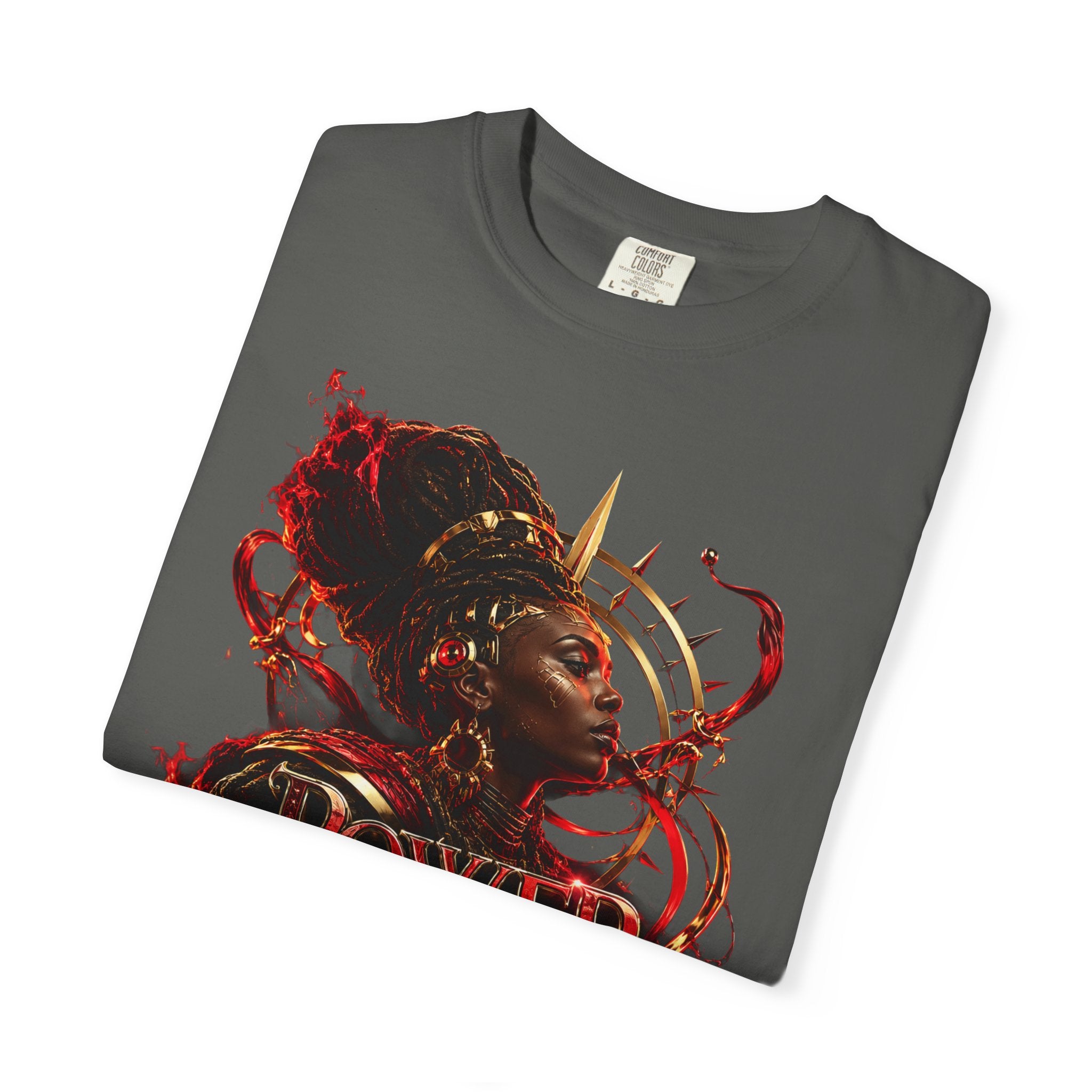 Power Runs Black T-Shirt — Afrocentric Crowned Goddess Graphic Tee by Printify