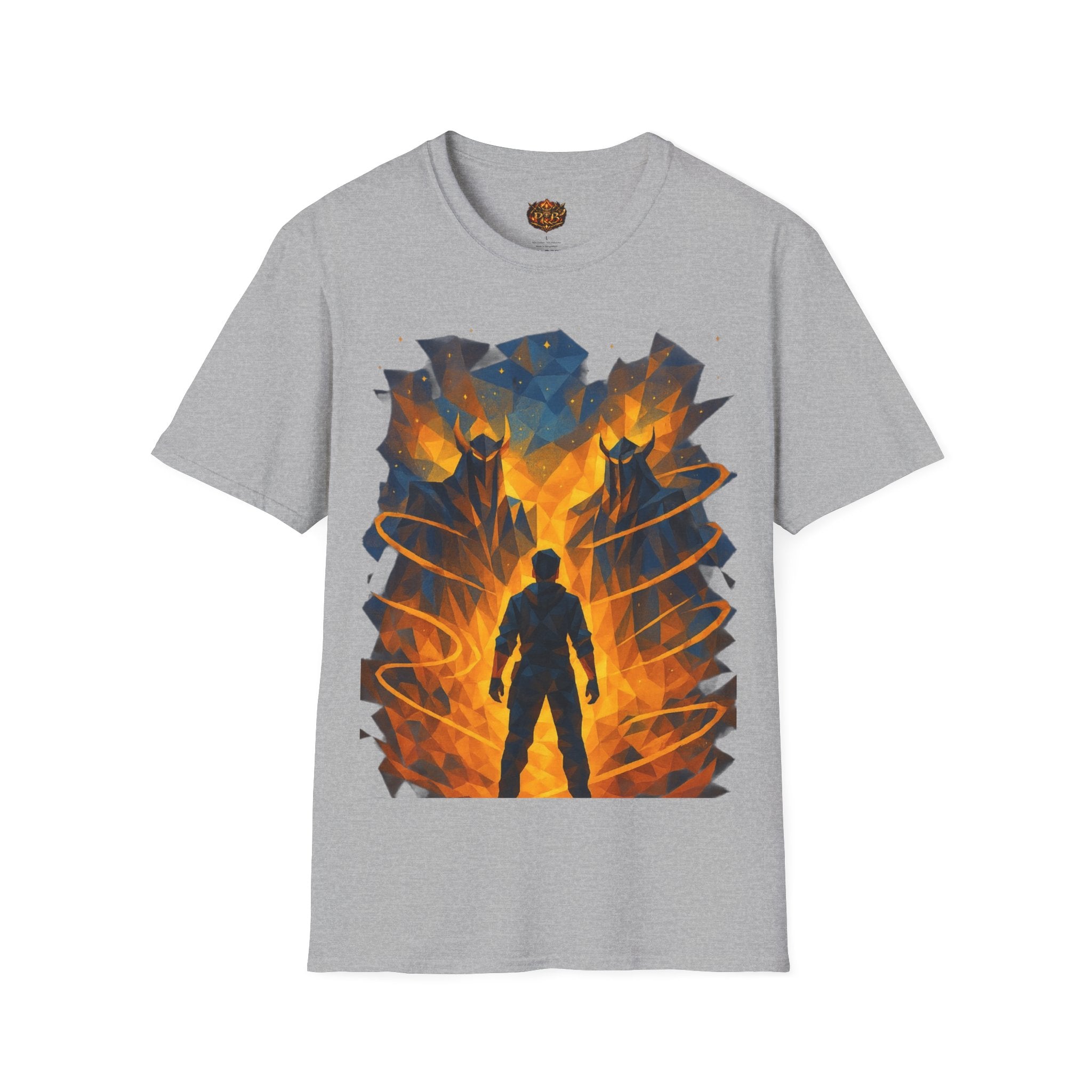 PRB Flame Silhouette Warrior T-Shirt | Fiery Geometric Backdrop by Power Runs Black