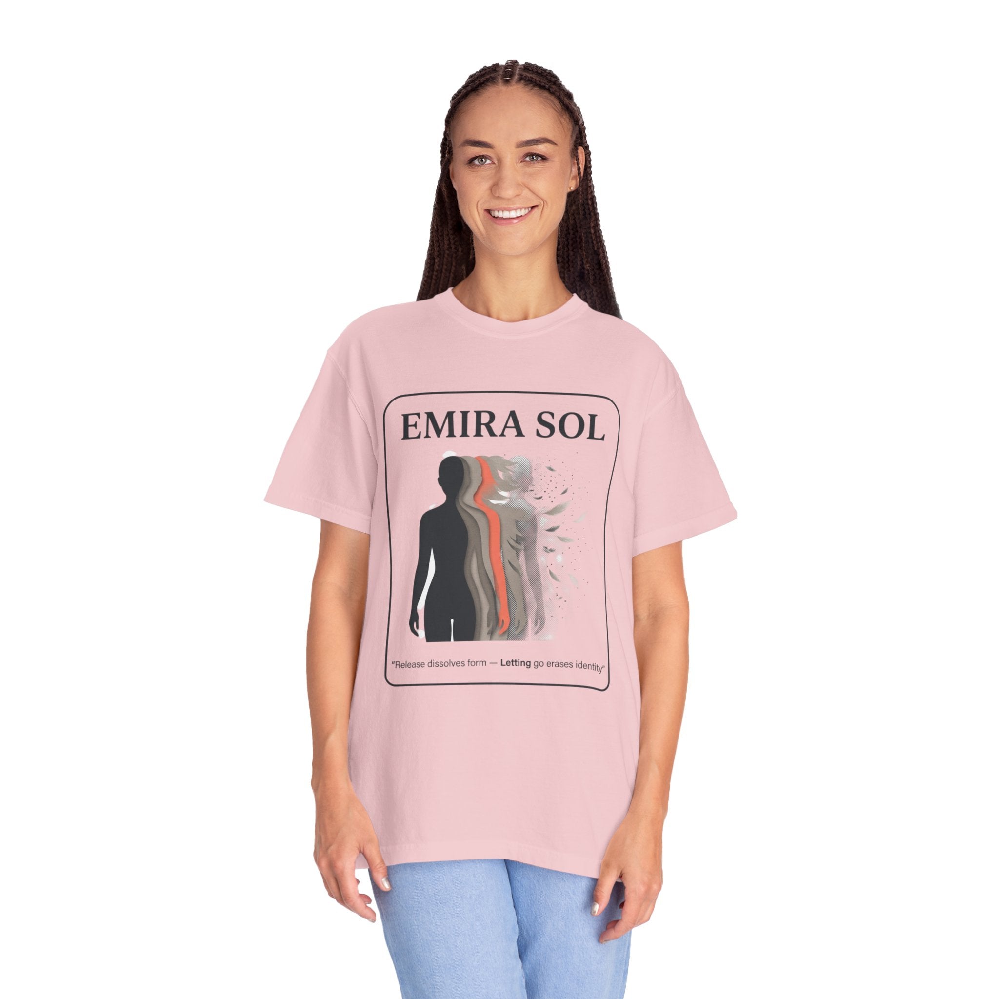 Power Runs Black PRB Emira Sol Graphic T-Shirt — Silhouette Art "Release Shadows" Tee by Printify