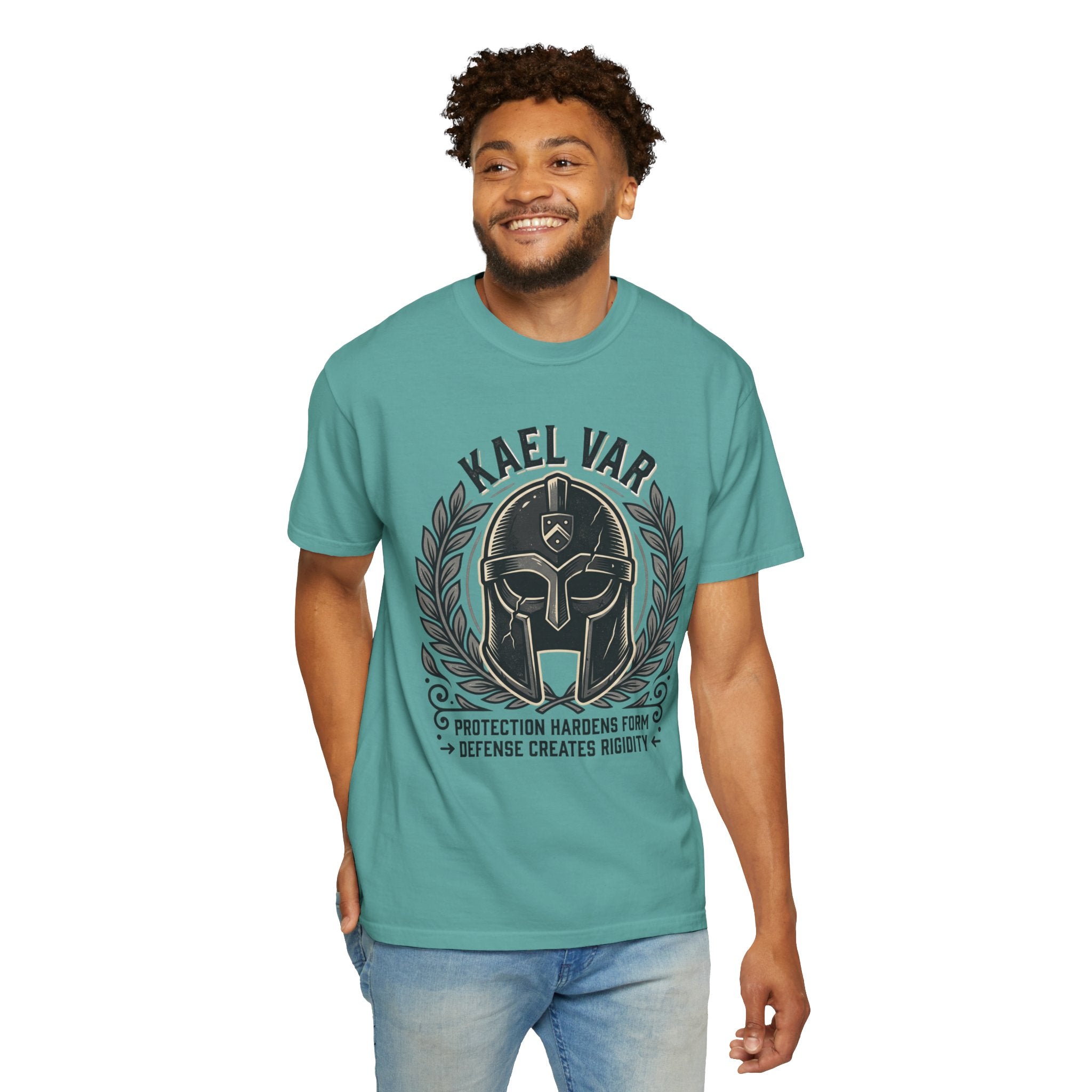 Power Runs Black PRB Kael Var Helmet Graphic T-Shirt — "Protection Hardens Form" Warrior Tee by Printify