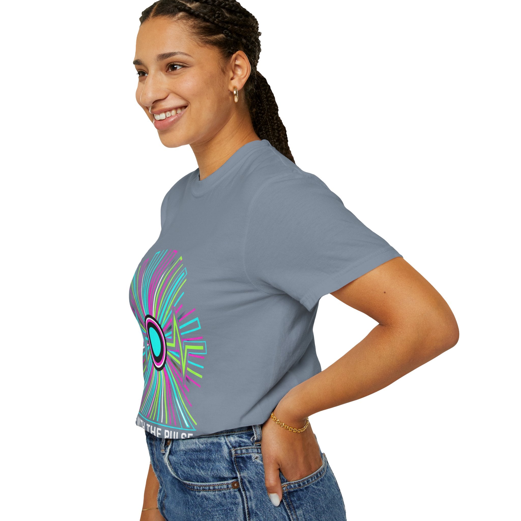 Power Runs Black PRB Electric "Move With Pulse" Graphic T-Shirt — Neon Sunburst Design by Power Runs Black