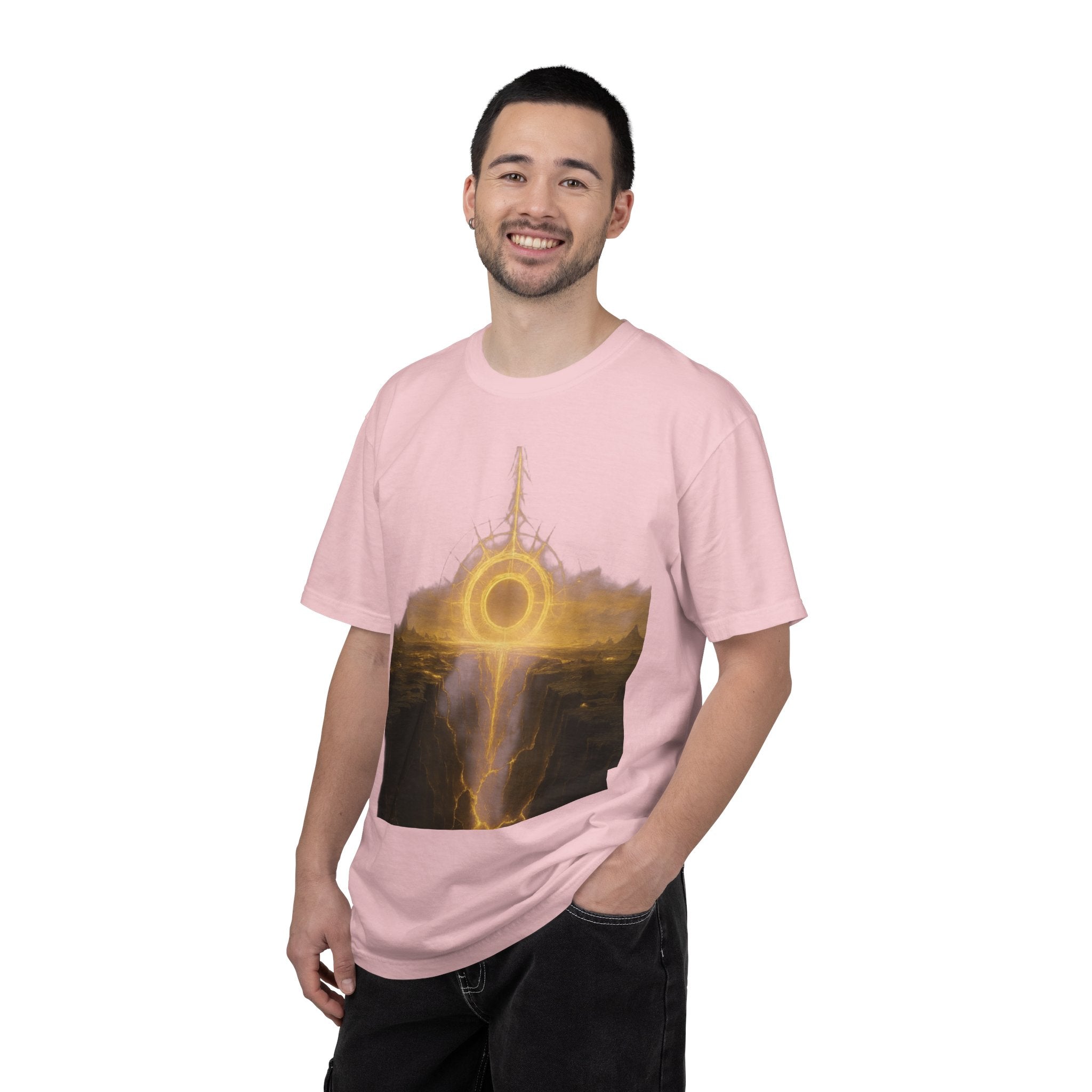Power Runs Black PRB Golden Eclipse Portal T-shirt | Fantasy Landscape, Mystic Ring, Tower Art by Power Runs Black