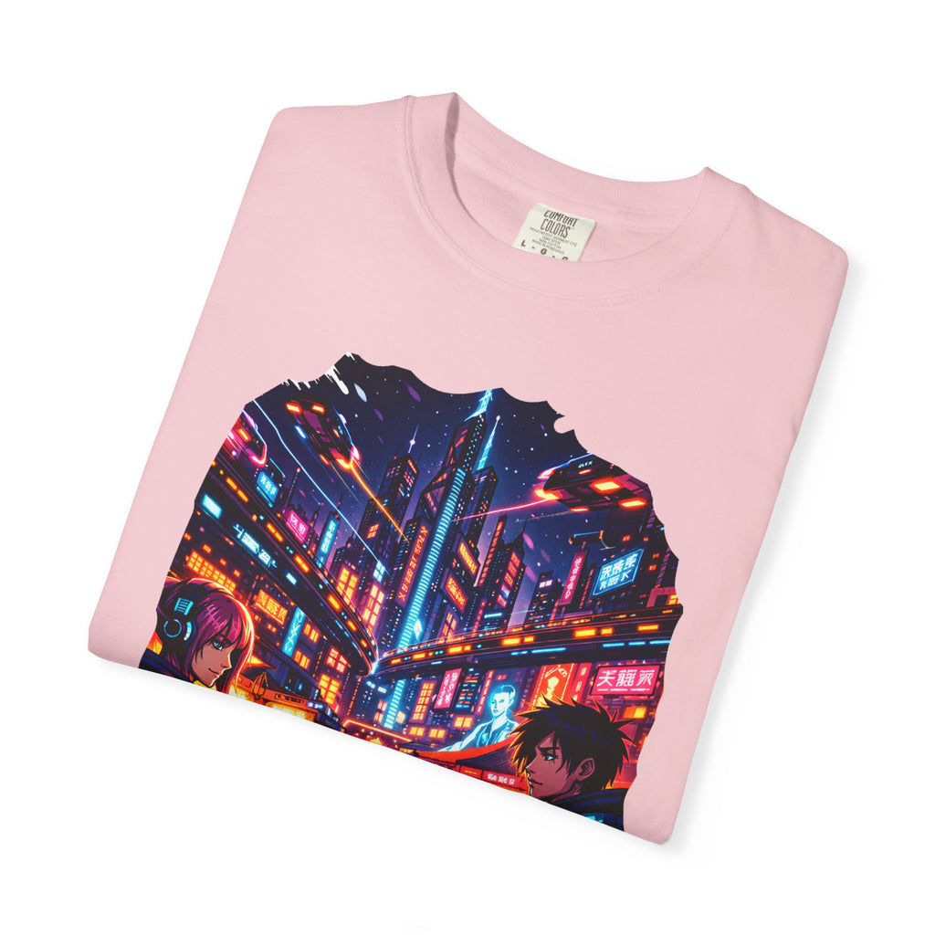 PRB Neon Cyberpunk Cityscape T-shirt | Anime Night Rain Streets by Power Runs Black