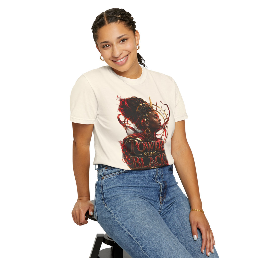 Power Runs Black T-Shirt — Afrocentric Crowned Goddess Graphic Tee by Printify