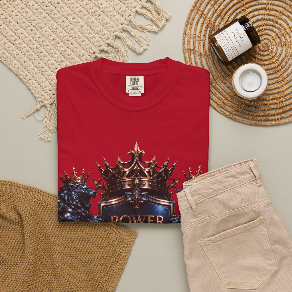 Power Runs Black Crest T-shirt | Heraldic Lion Shield Tee by Power Runs Black