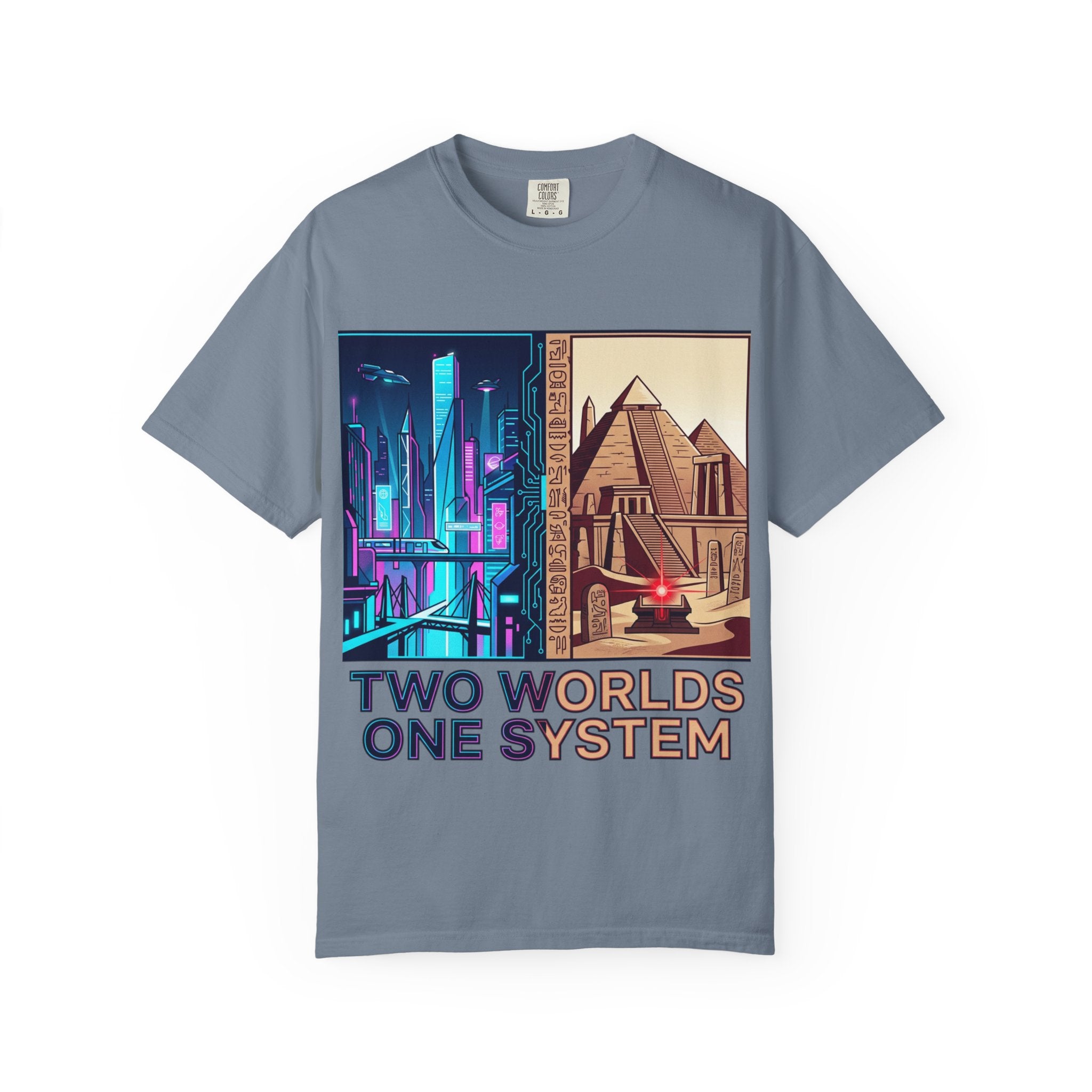 Power Runs Black PRB Blue Technopolis/ Red Dominion Two Worlds One System T-Shirt by Power Runs Black