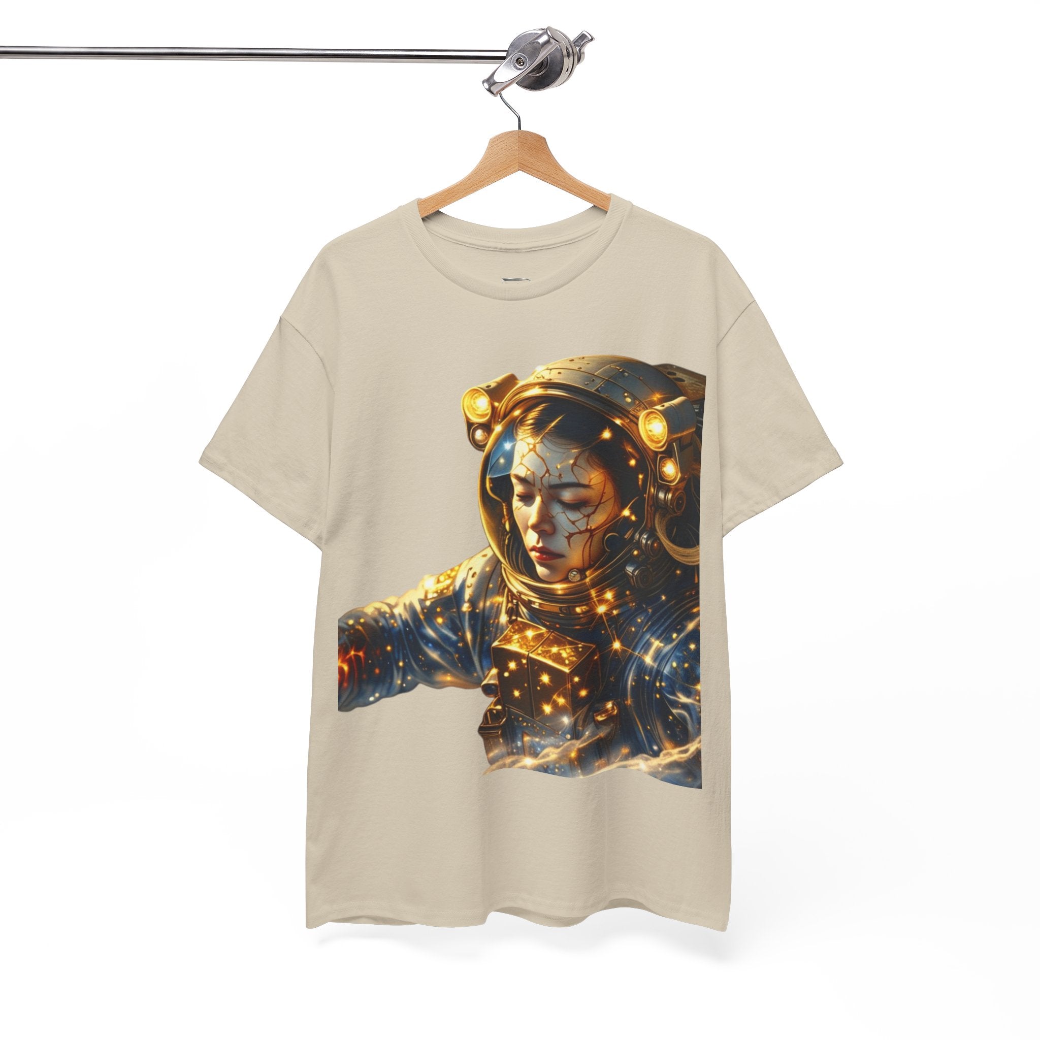 Power Runs Black PRB Golden Astronaut Portrait T-Shirt | Space Helmet Art, Cosmic Lights by Printify