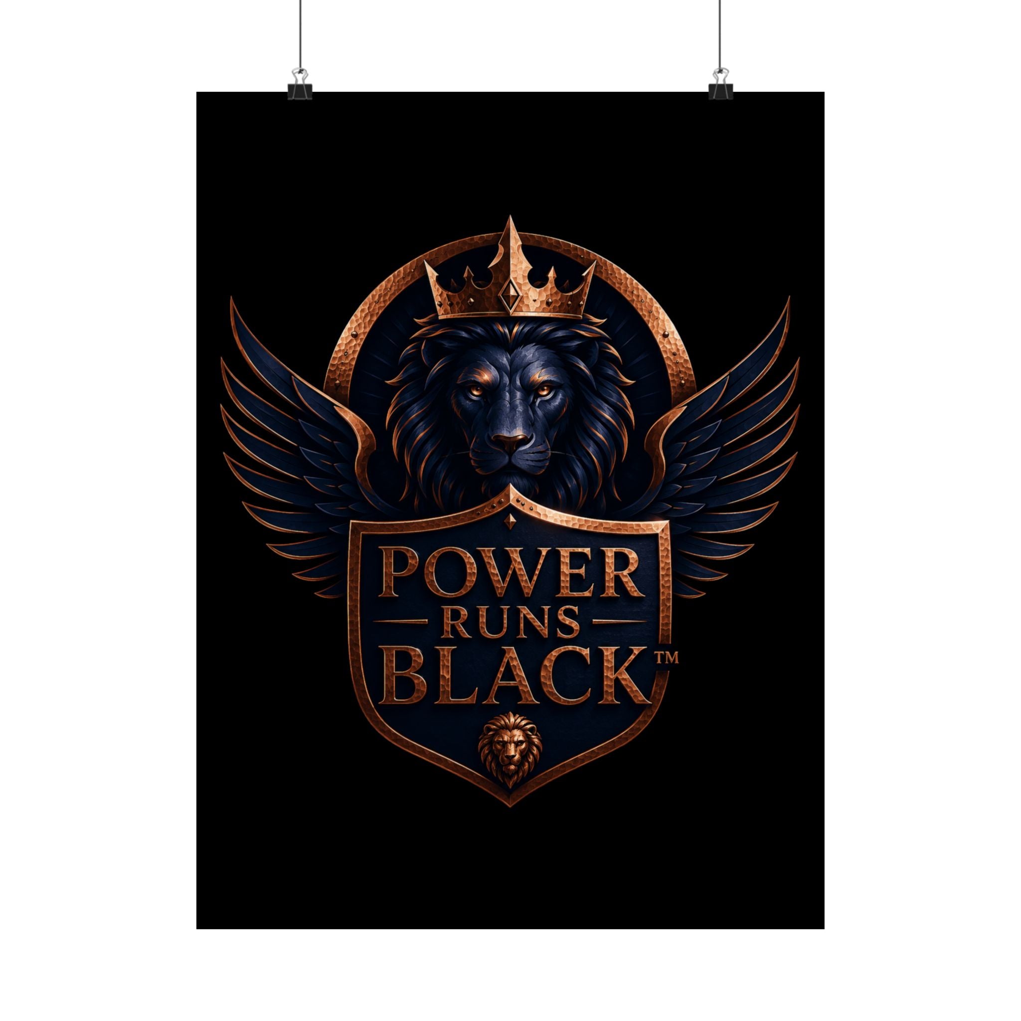 Power Runs Black Matte Poster — Regal Lion Crest Wall Art by Power Runs Black