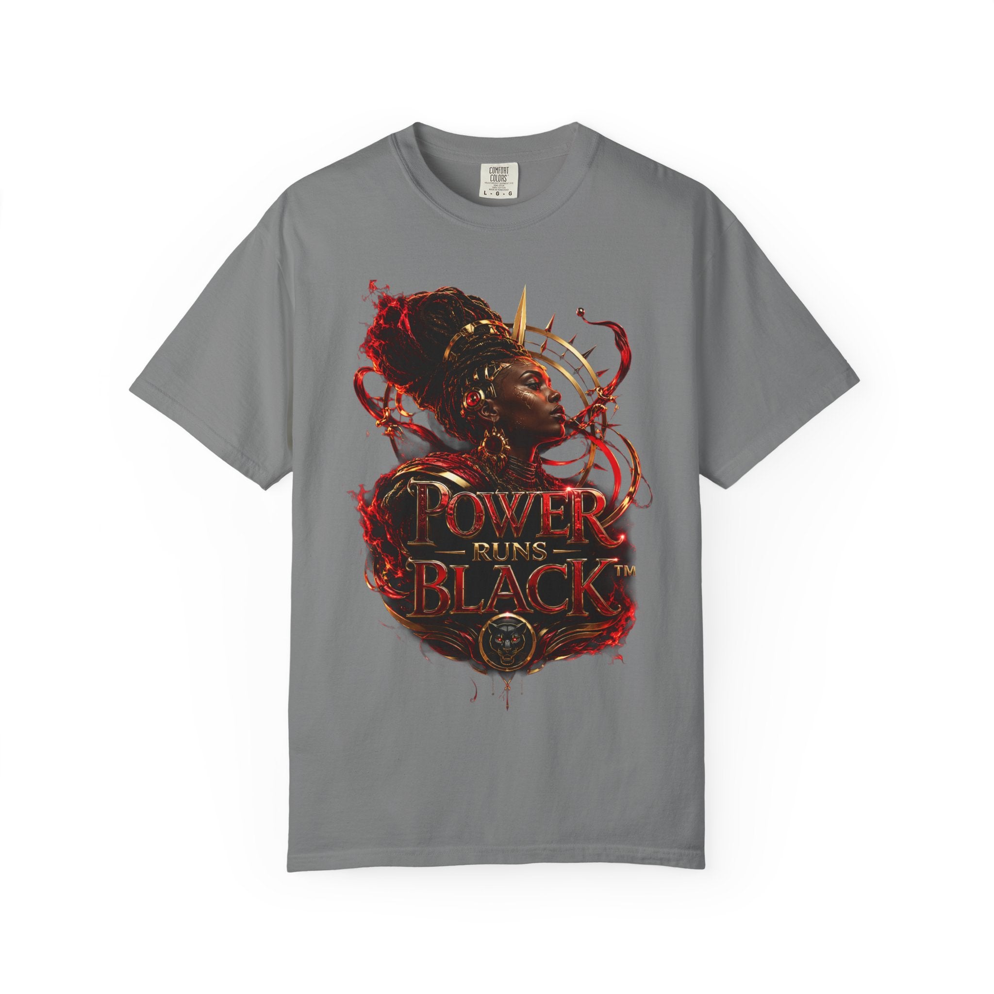Power Runs Black T-Shirt — Afrocentric Crowned Goddess Graphic Tee by Printify