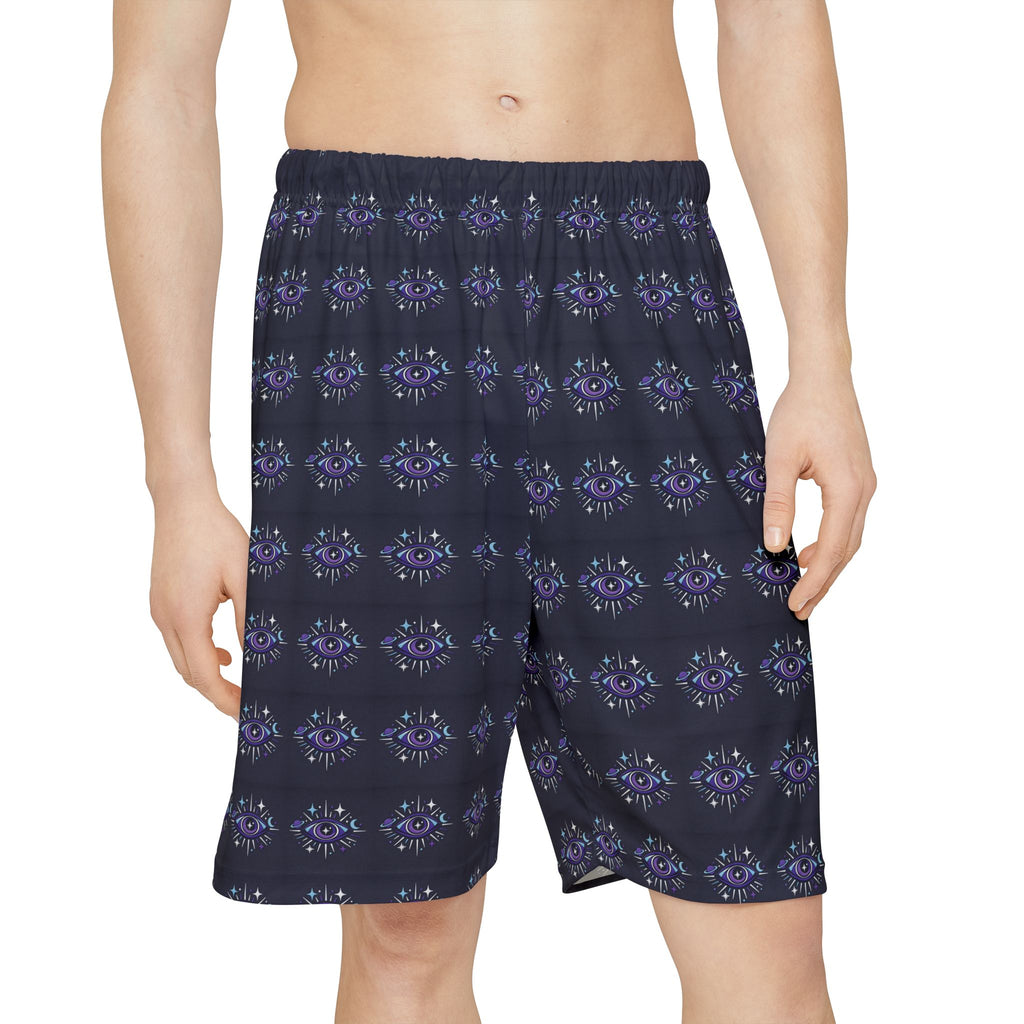PRB Galaxy Cat Patterned Men’s Sports Shorts — Cosmic Purple AOP Athletic Shorts by Power Runs Black