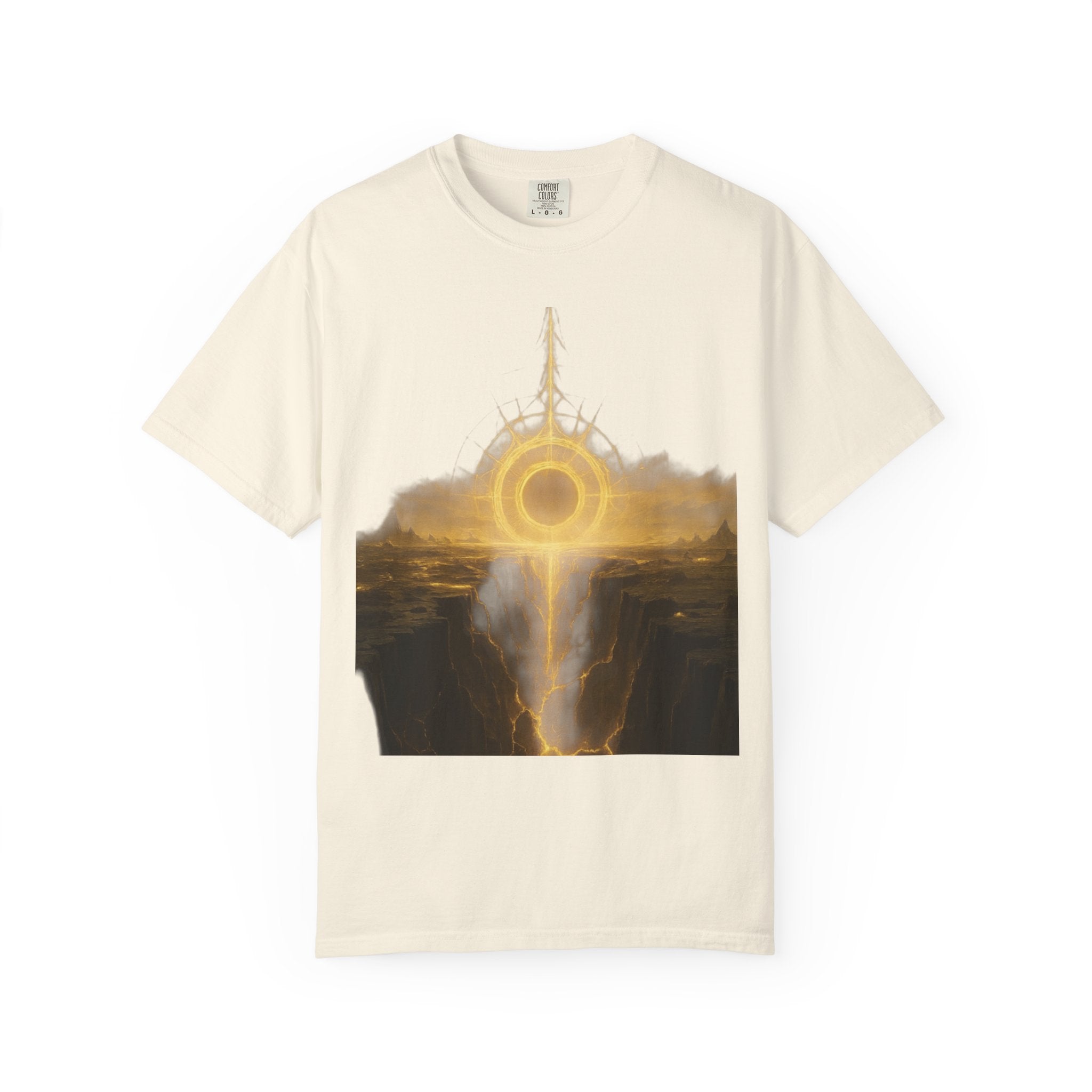 Power Runs Black PRB Golden Eclipse Portal T-shirt | Fantasy Landscape, Mystic Ring, Tower Art by Power Runs Black