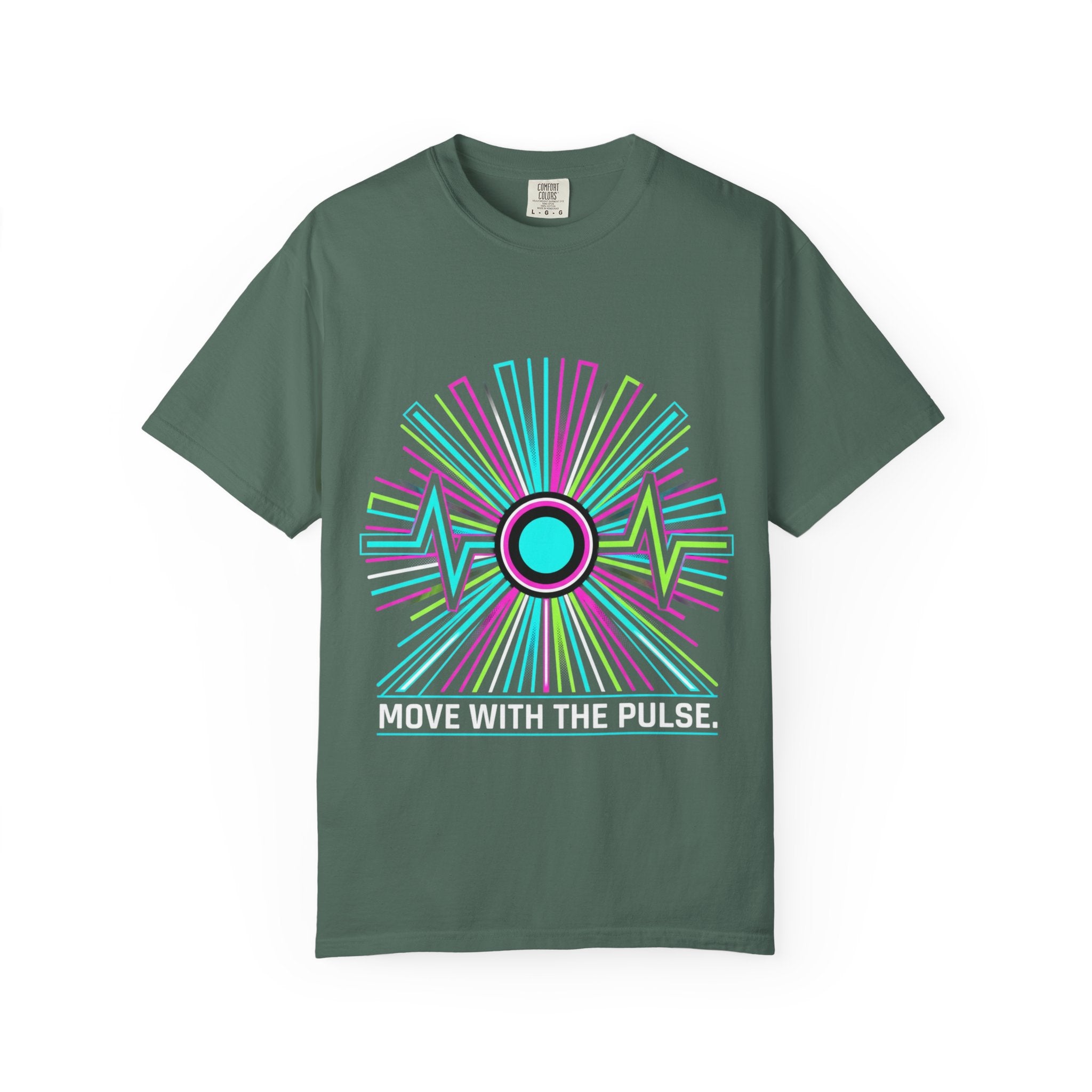Power Runs Black PRB Electric "Move With Pulse" Graphic T-Shirt — Neon Sunburst Design by Printify