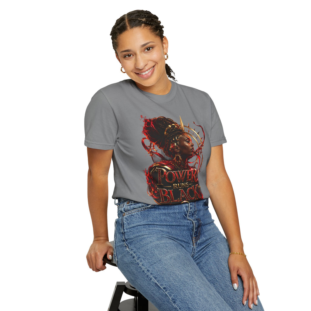Power Runs Black T-Shirt — Afrocentric Crowned Goddess Graphic Tee by Printify