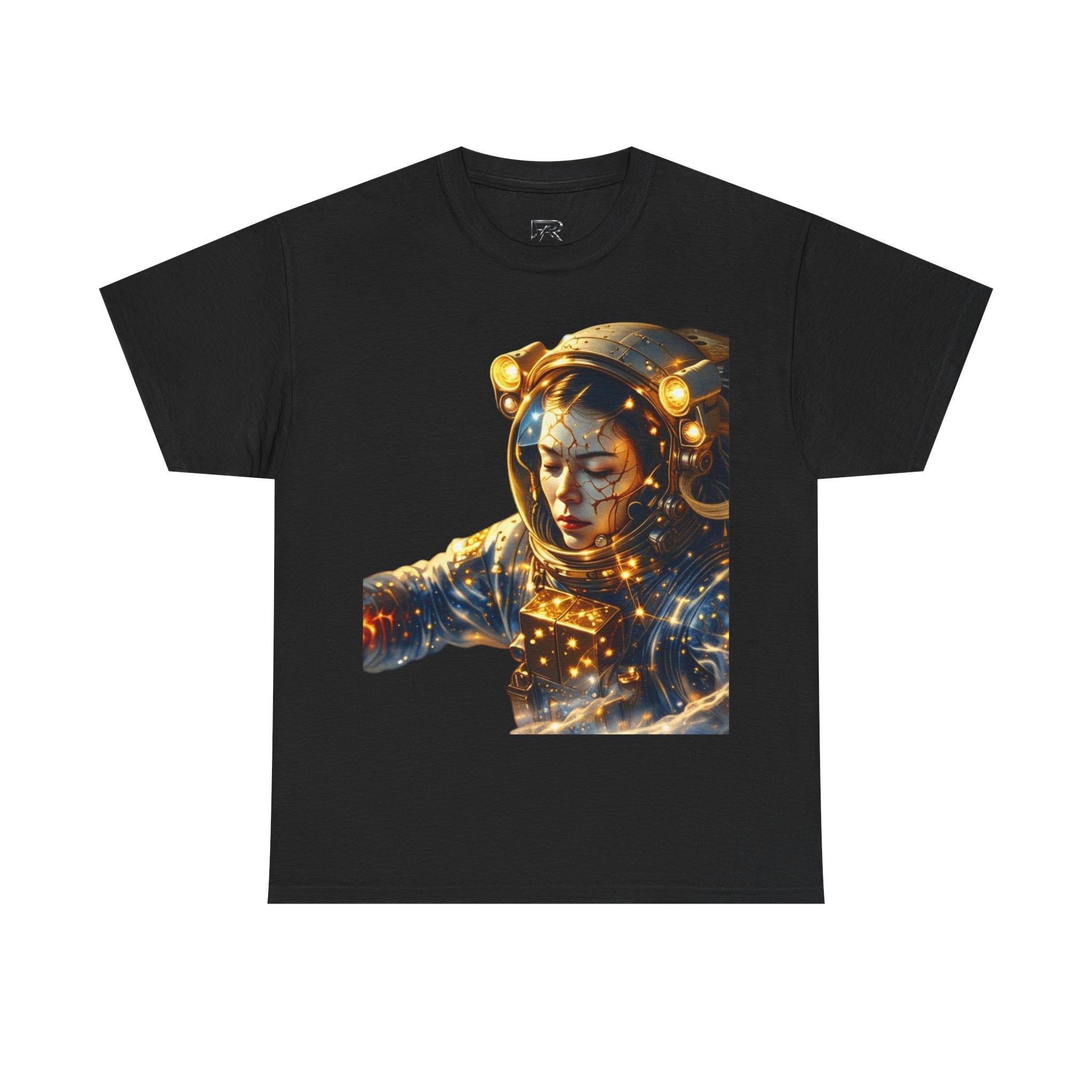 Power Runs Black PRB Golden Astronaut Portrait T-Shirt | Space Helmet Art, Cosmic Lights by Printify
