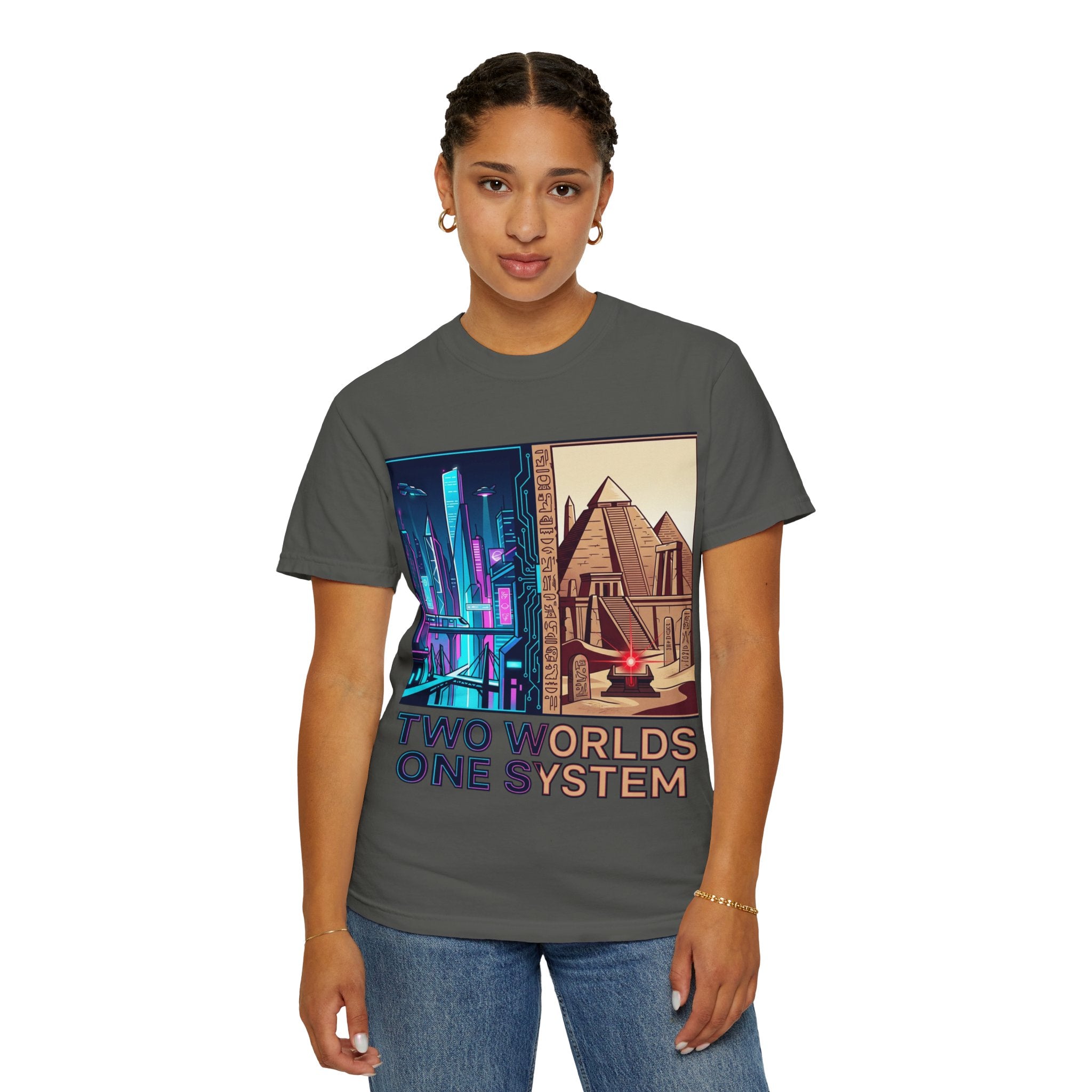 Power Runs Black PRB Blue Technopolis/ Red Dominion Two Worlds One System T-Shirt by Power Runs Black