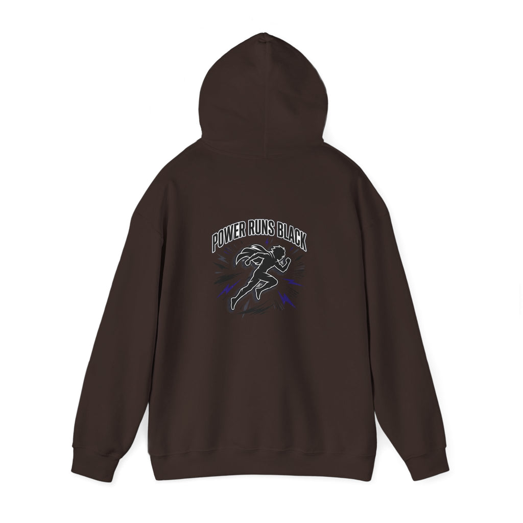 Power Runs Black Hoodie — Bold Graphic Athletic Streetwear by Printify