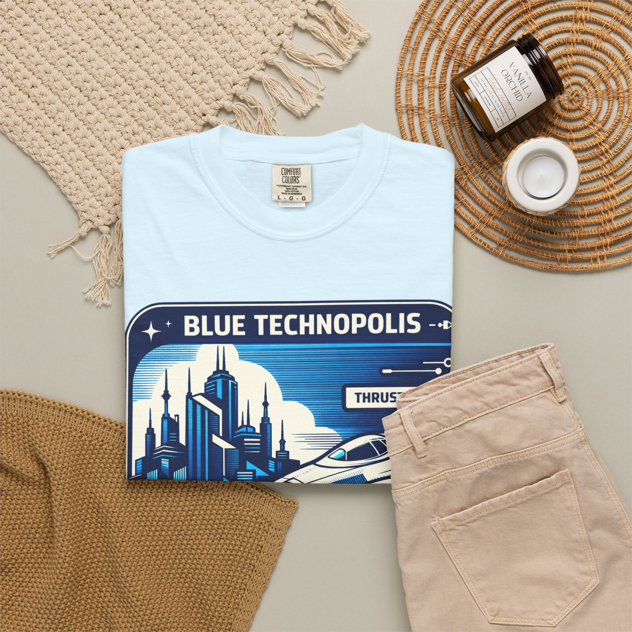 Power Runs Black PRB Technopolis Spacecraft T-Shirt — Blue Technopolis Retro Sci‑Fi Tee by Printify