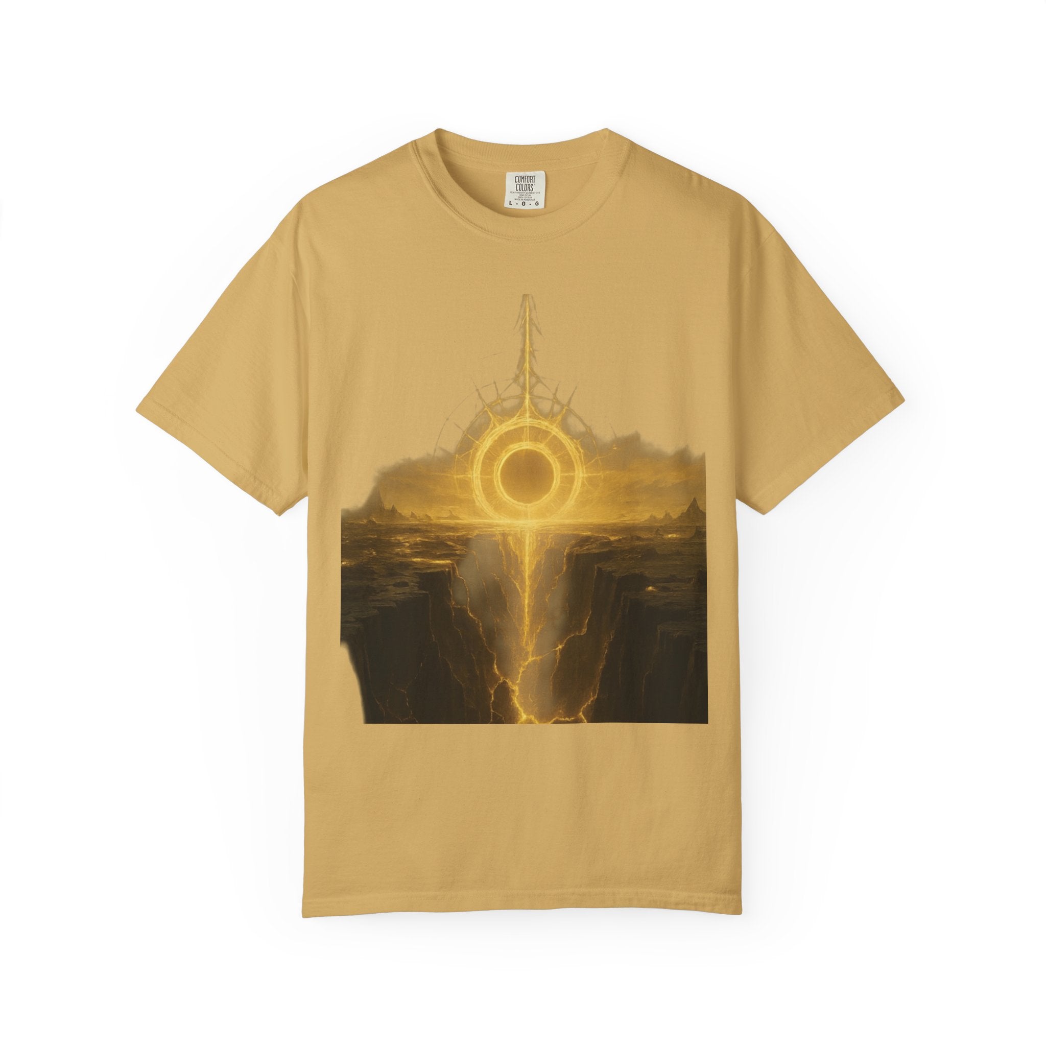 Power Runs Black PRB Golden Eclipse Portal T-shirt | Fantasy Landscape, Mystic Ring, Tower Art by Power Runs Black