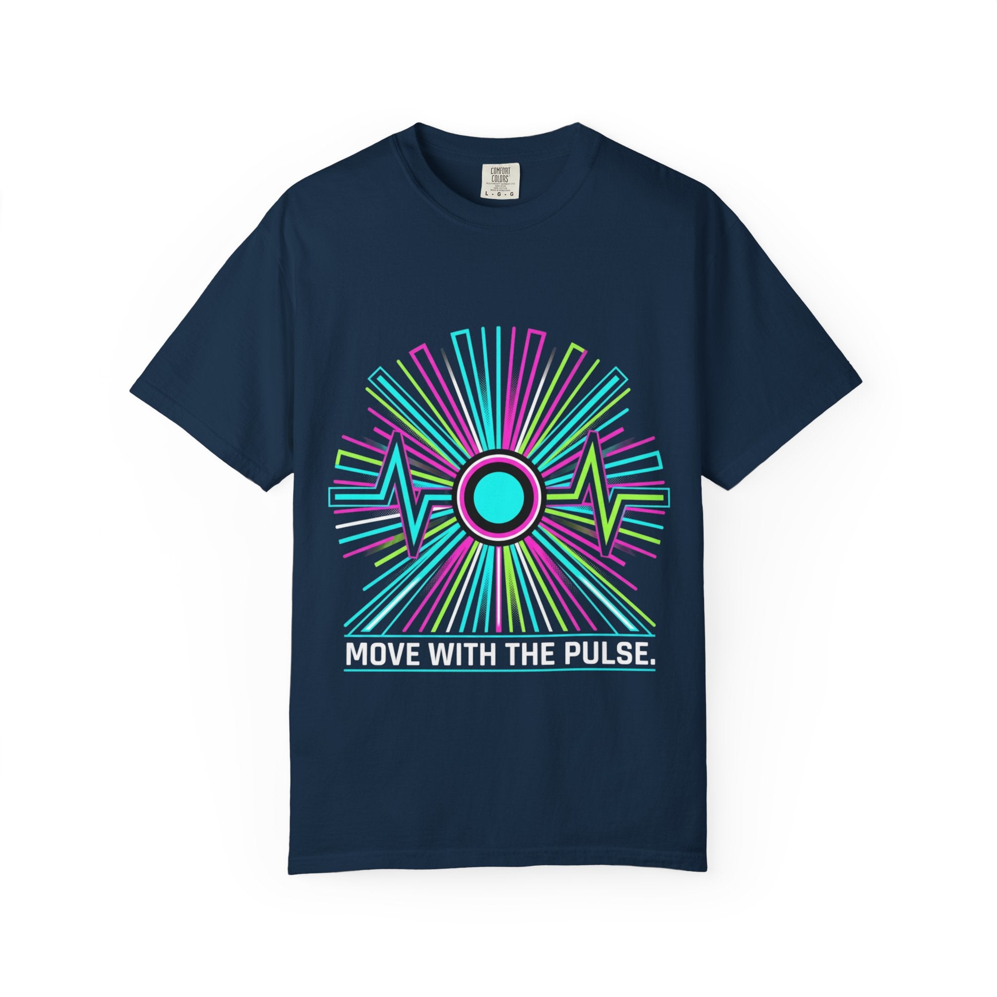 Power Runs Black PRB Electric "Move With Pulse" Graphic T-Shirt — Neon Sunburst Design by Power Runs Black