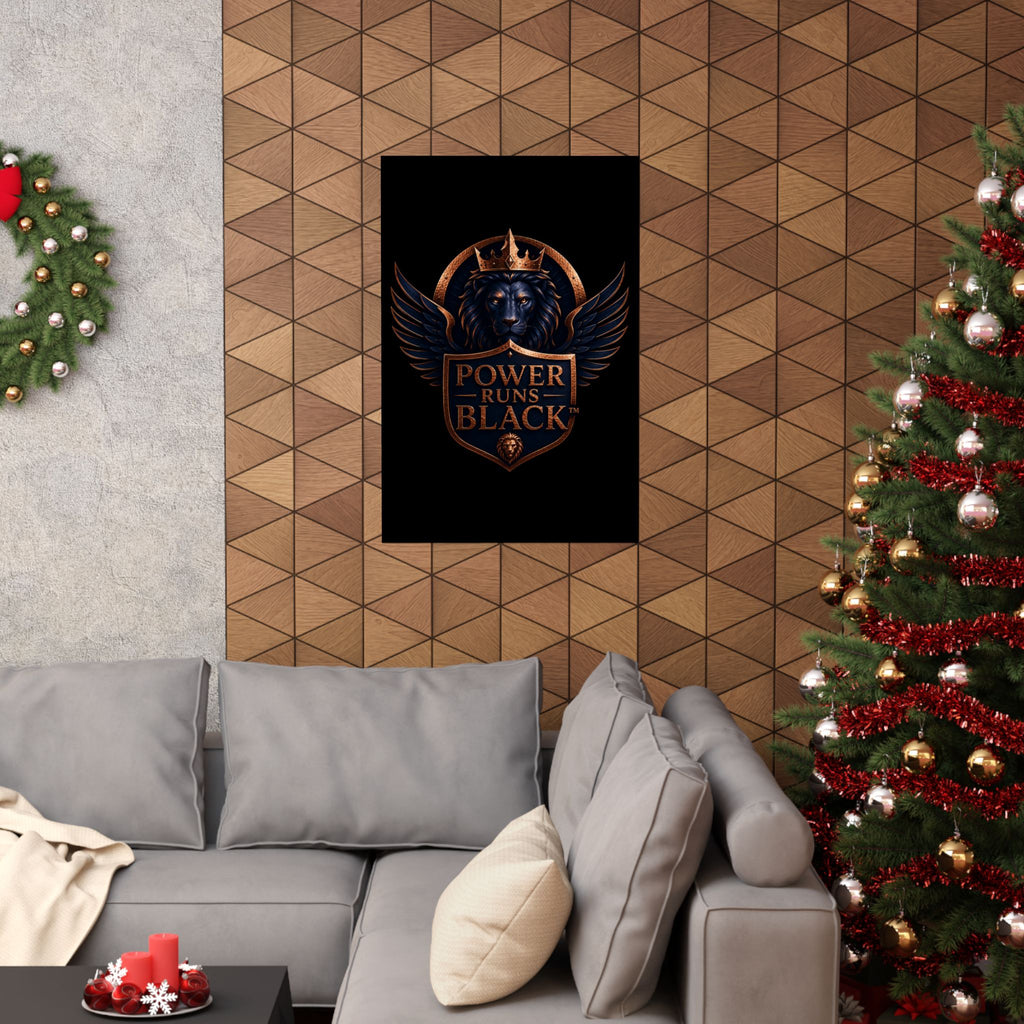 Power Runs Black Matte Poster — Regal Lion Crest Wall Art by Power Runs Black