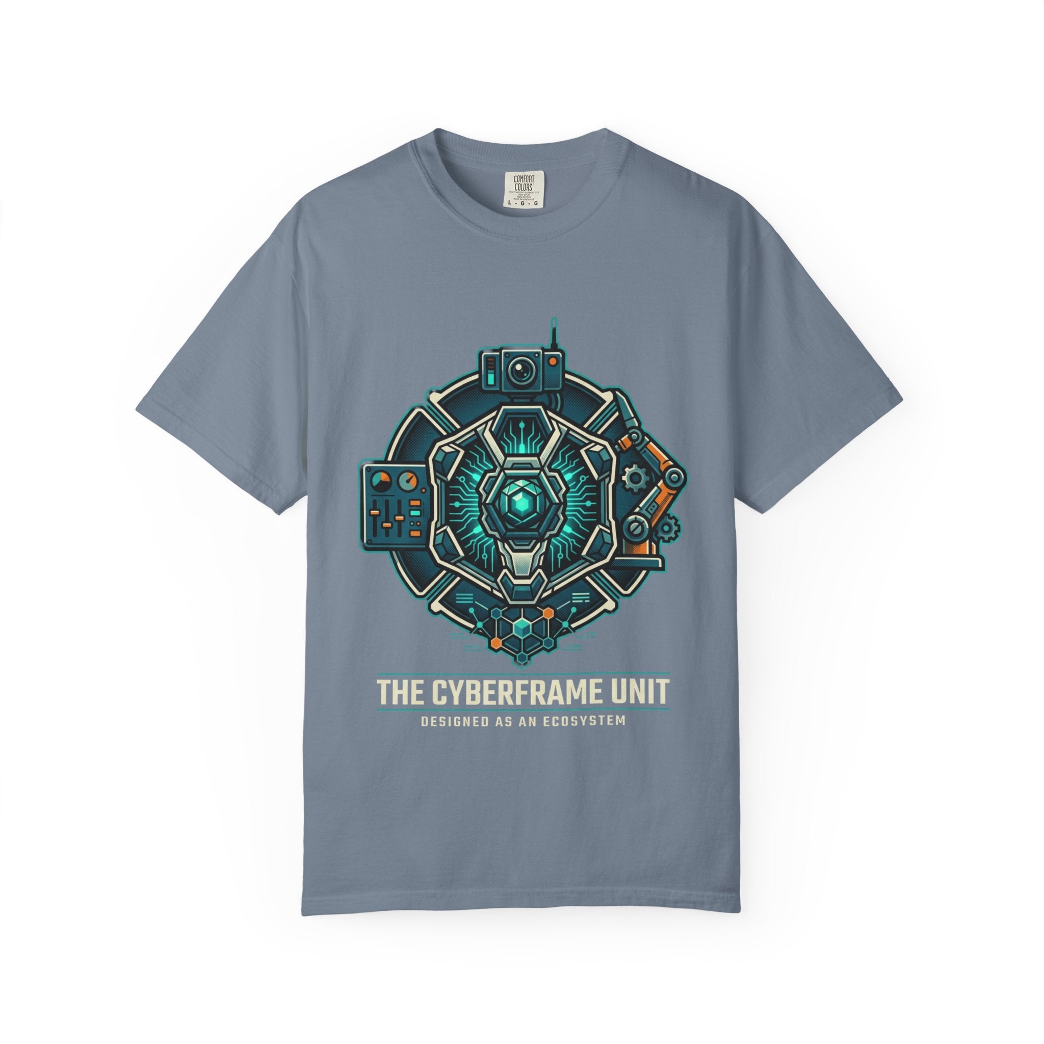 Power Runs Black Cyberframe Unit T-Shirt — Futuristic Tech Armor Graphic Tee by Power Runs Black