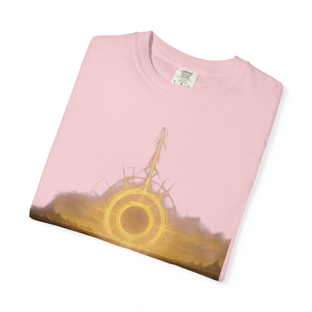 Power Runs Black PRB Golden Eclipse Portal T-shirt | Fantasy Landscape, Mystic Ring, Tower Art by Power Runs Black