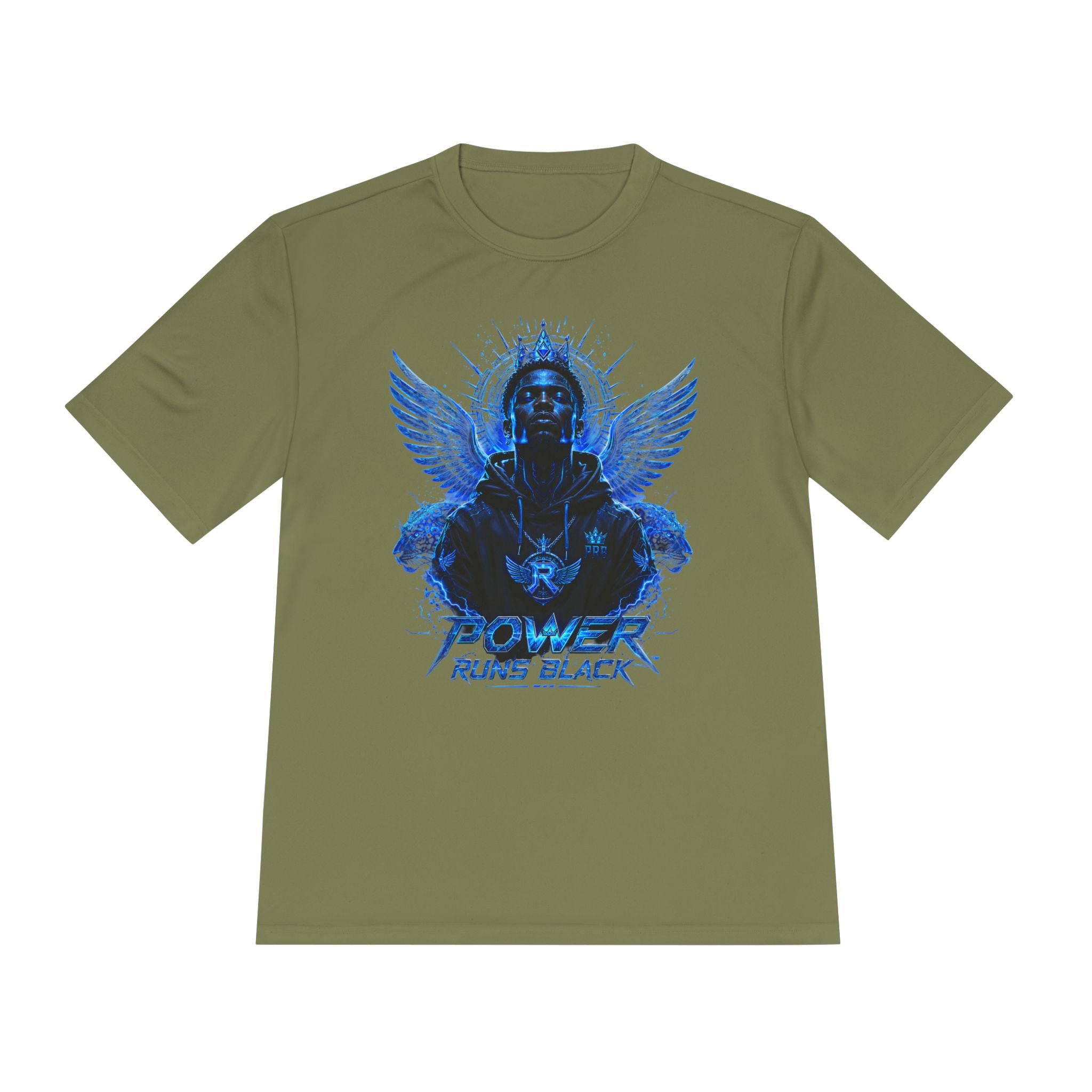 Power Runs Black graphic Tee | Blue angel wings, armored figure, bold script by Power Runs Black