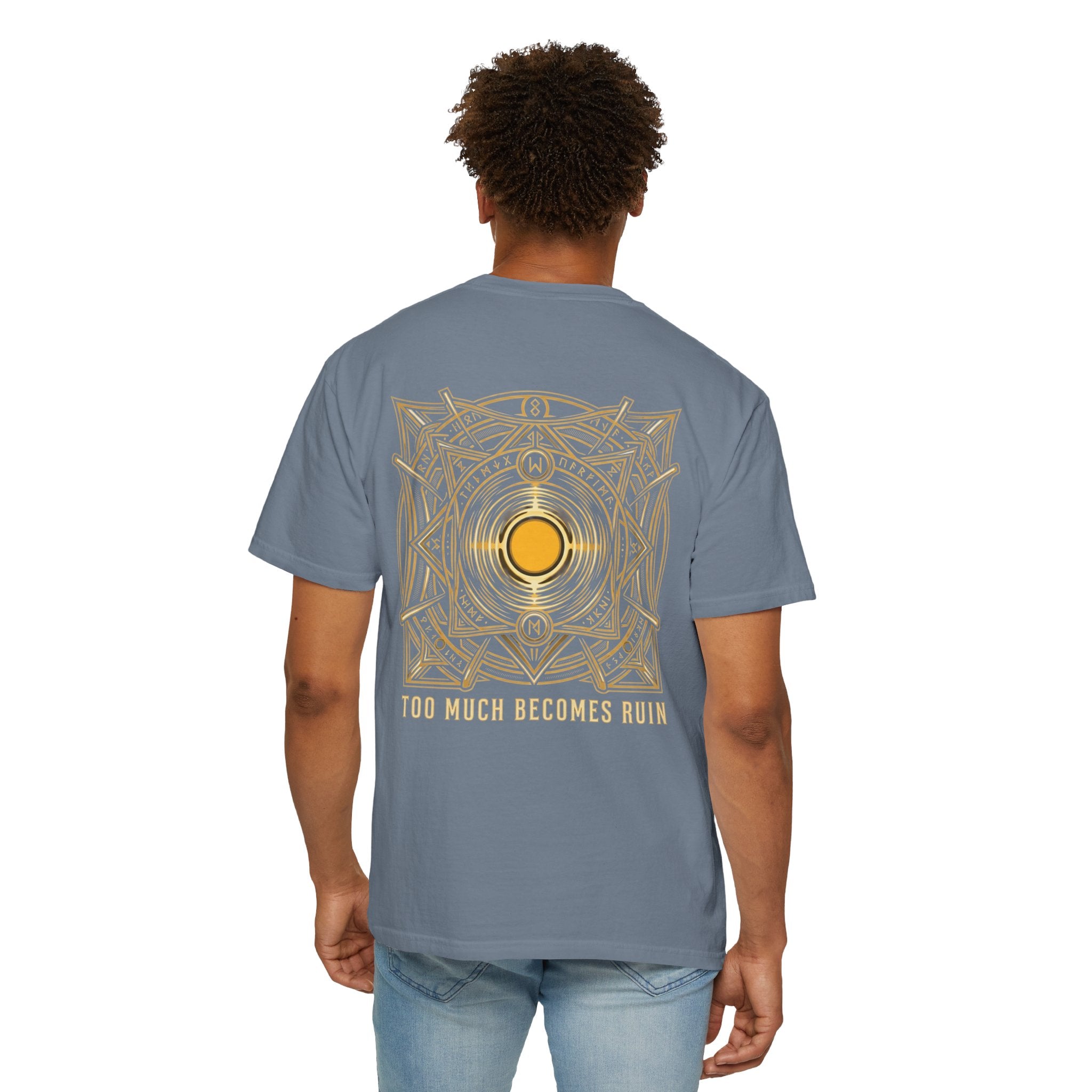 Power Runs Black PRB — Veyra Kain Geometric Sigil Tee with “Too Much Becomes Ruin” Graphic T-Shirt by Printify