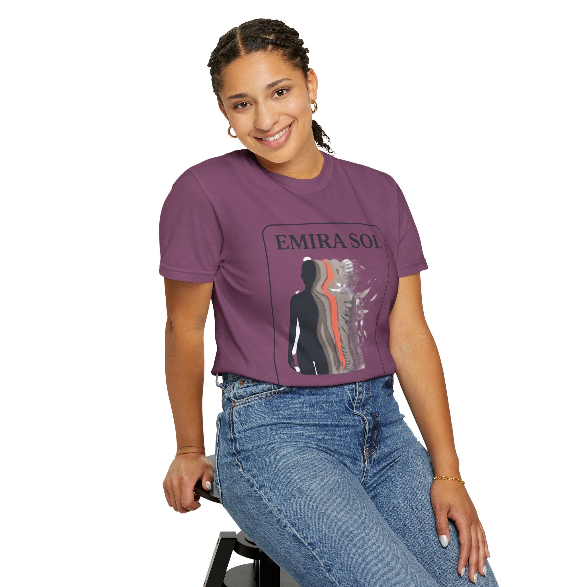 Power Runs Black PRB Emira Sol Graphic T-Shirt — Silhouette Art "Release Shadows" Tee by Printify