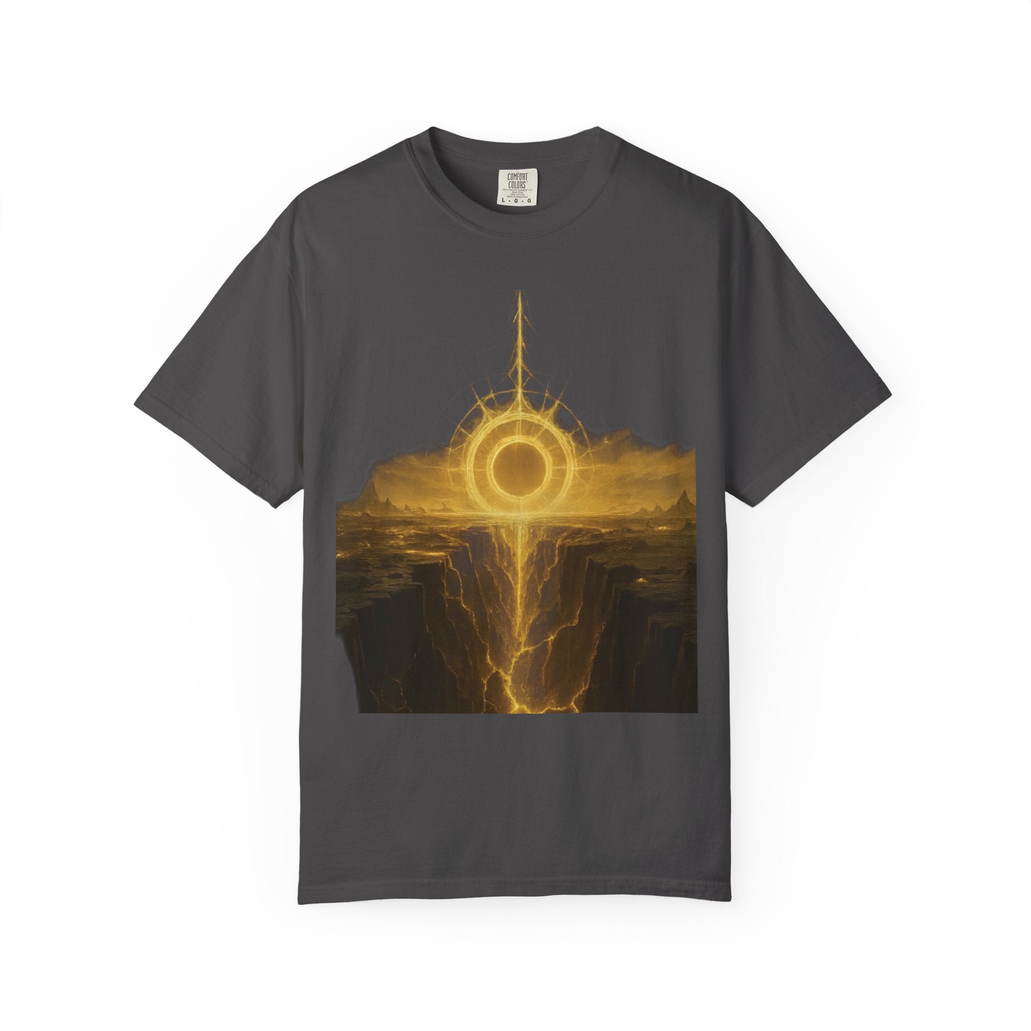 Power Runs Black PRB Golden Eclipse Portal T-shirt | Fantasy Landscape, Mystic Ring, Tower Art by Power Runs Black