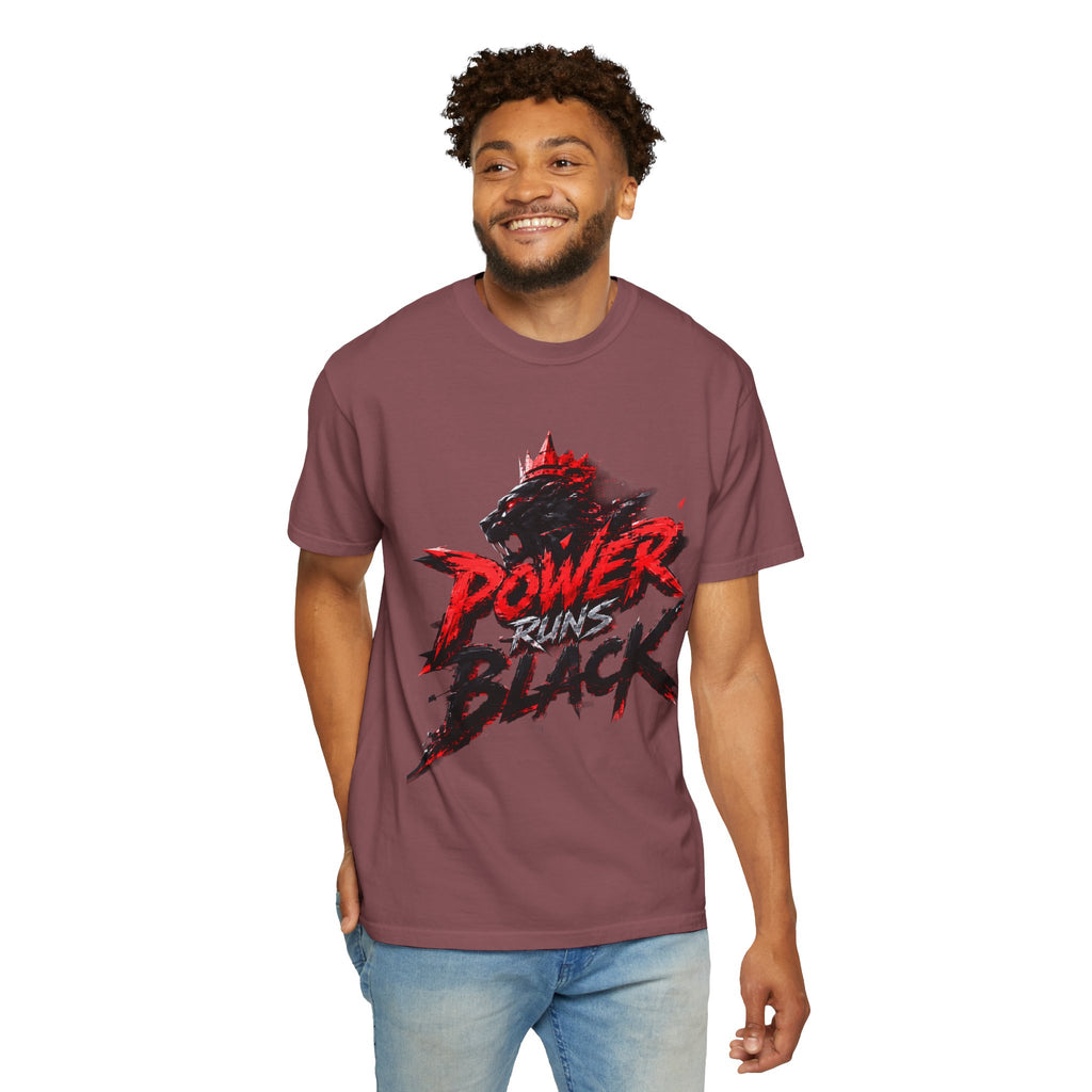 Power Runs Black T-shirt | Wolf Silhouette, Red Black Graphic Tee by Power Runs Black