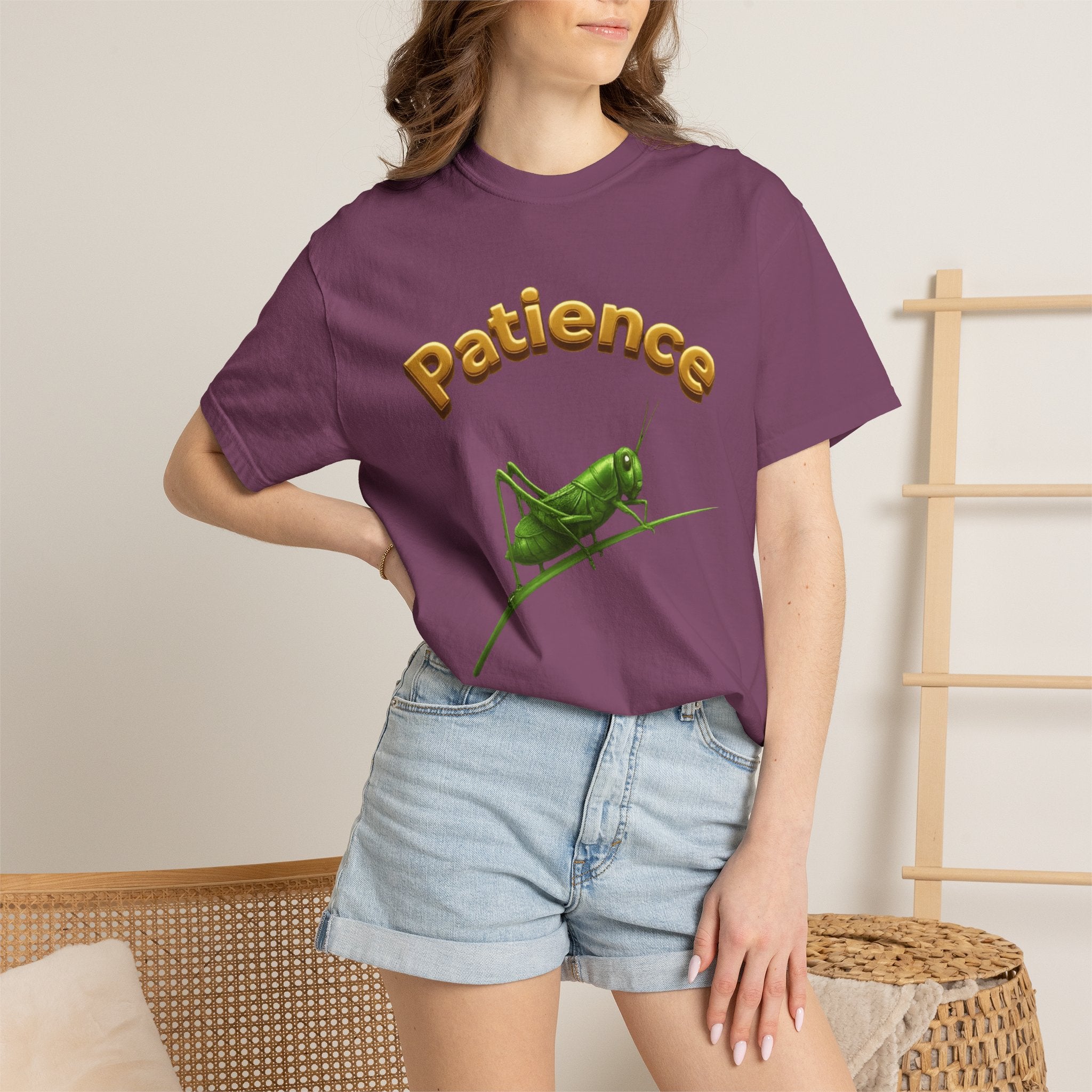 PRB Patience Grasshopper T-shirt | Green Grasshopper Illustration, Positive Quote by Printify