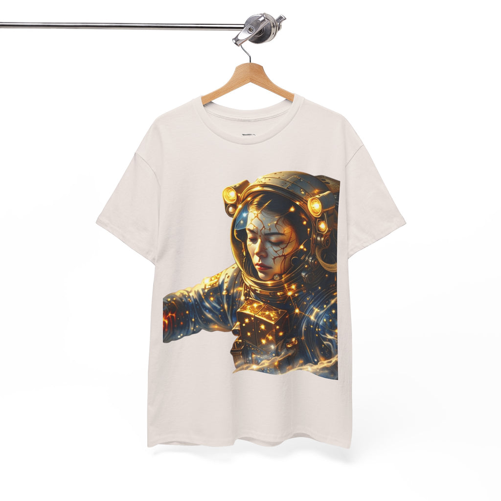 Power Runs Black PRB Golden Astronaut Portrait T-Shirt | Space Helmet Art, Cosmic Lights by Printify