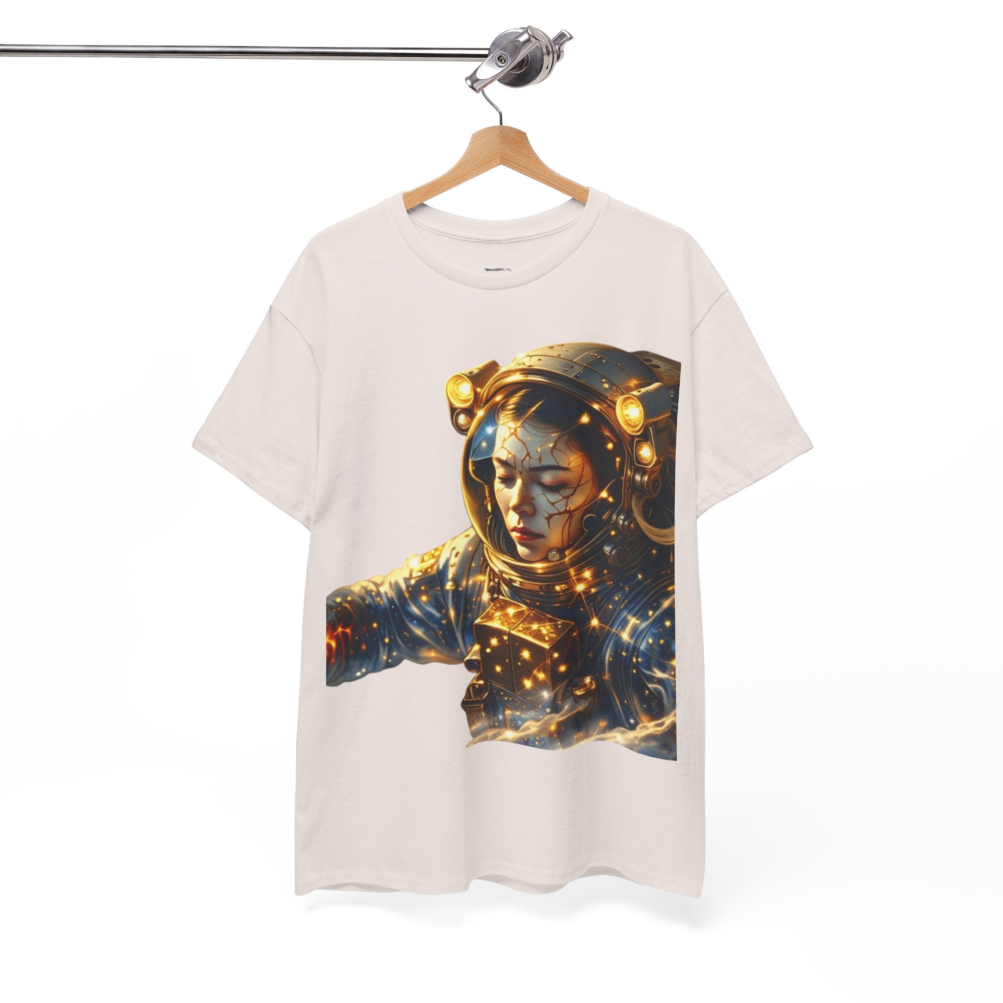 Power Runs Black PRB Golden Astronaut Portrait T-Shirt | Space Helmet Art, Cosmic Lights by Printify