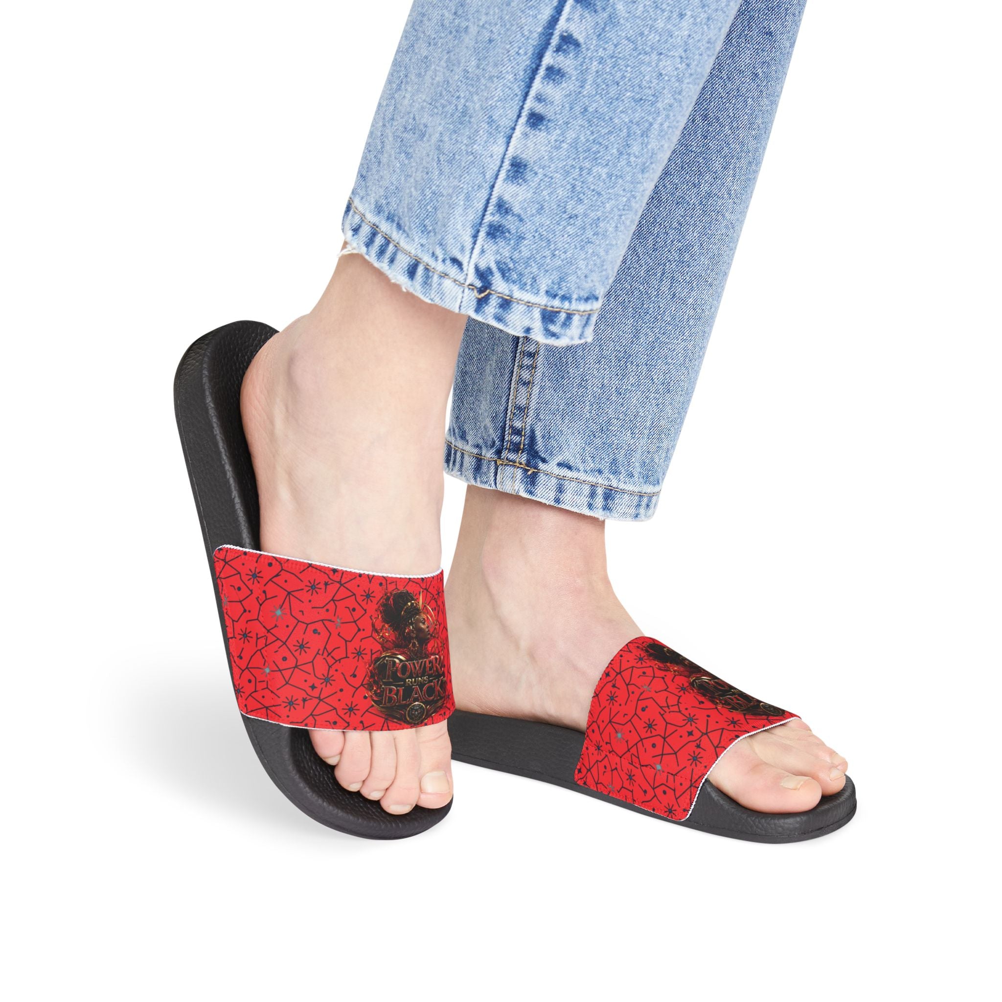 Power Runs Black Removable-Strap Sandals - Red Floral Pattern Slide Sandals for Women by Power Runs Black