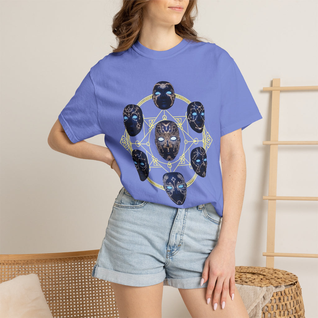 PRB Tribal Mask Circle Graphic Tee, Spiritual Afrocentric Art by Printify