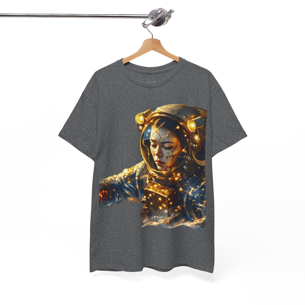 Power Runs Black PRB Golden Astronaut Portrait T-Shirt | Space Helmet Art, Cosmic Lights by Printify