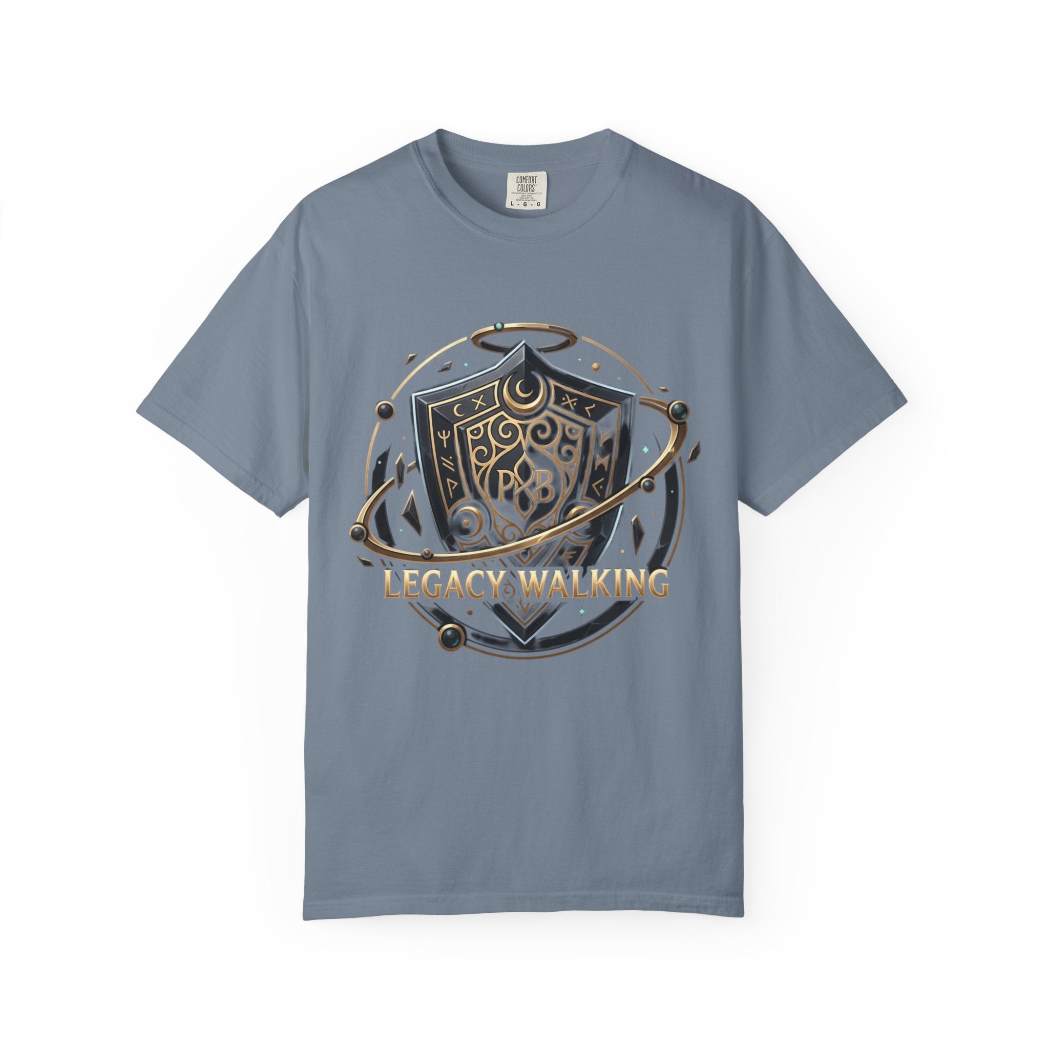 Legacy Walking Shield Graphic T-Shirt | Fantasy Crest Emblem Tee by Printify