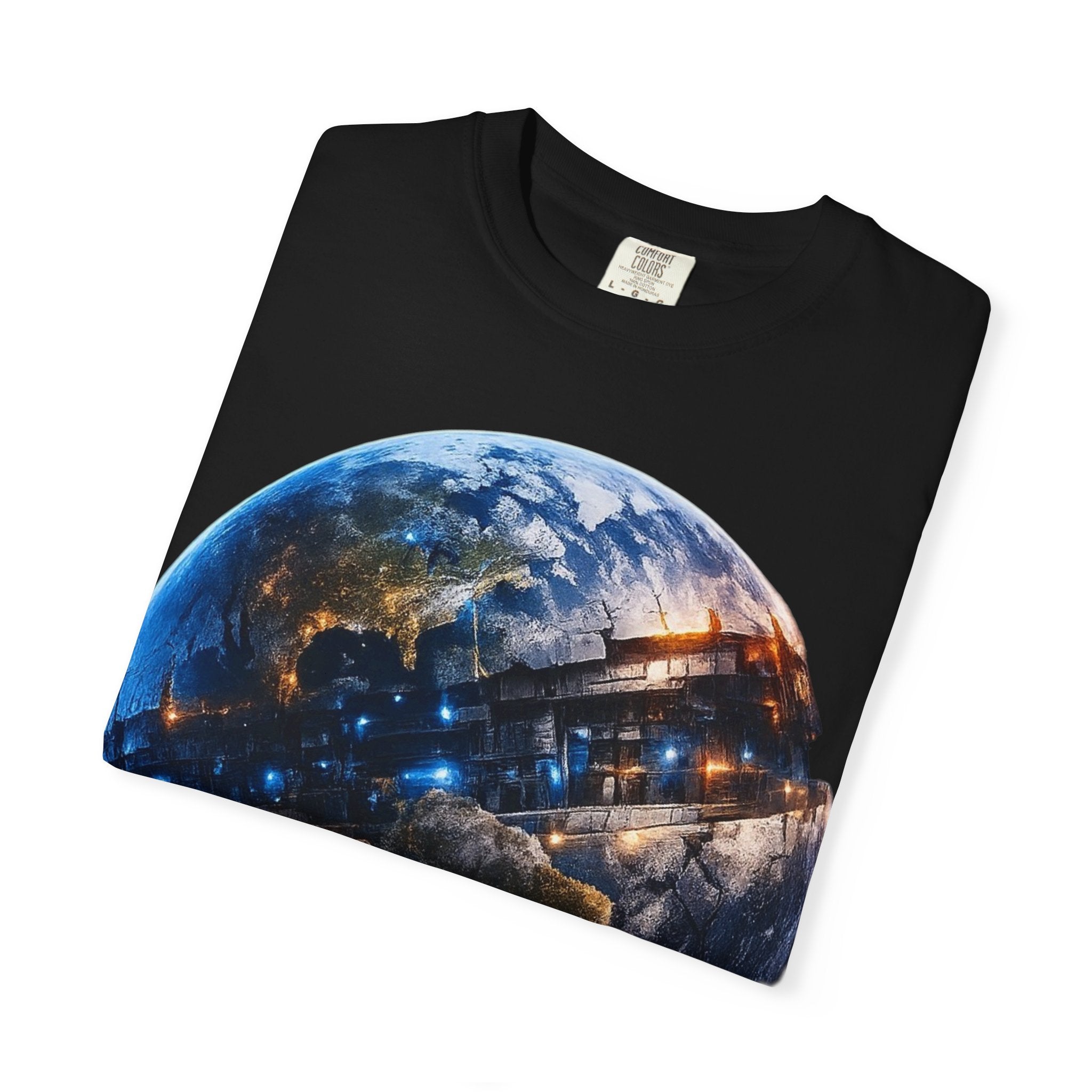 PRB Cityscape Globe T-shirt | Nighttime Earth Illustration, Urban Lights by Power Runs Black